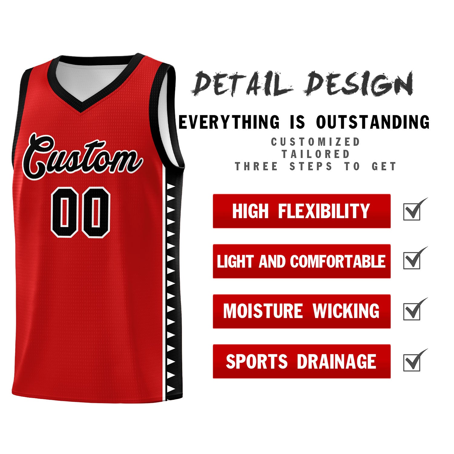 Custom Red Black Basketball Kits With Side Zigzag Pattern