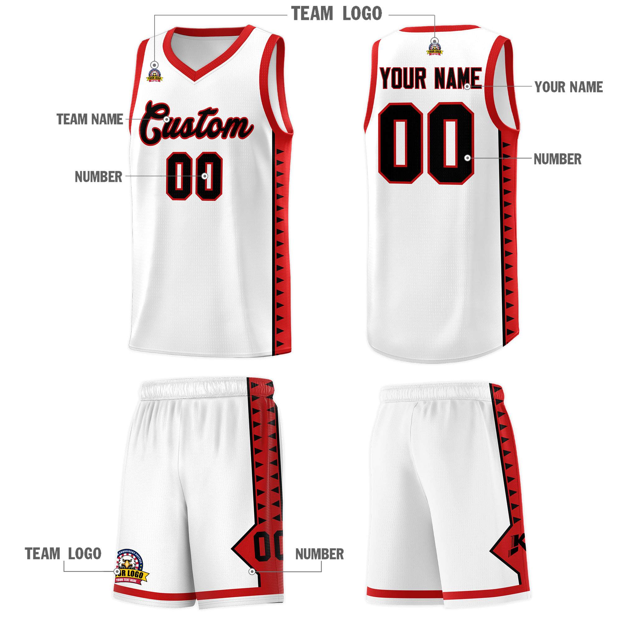 Custom White Red Basketball Kits With Side Zigzag Pattern