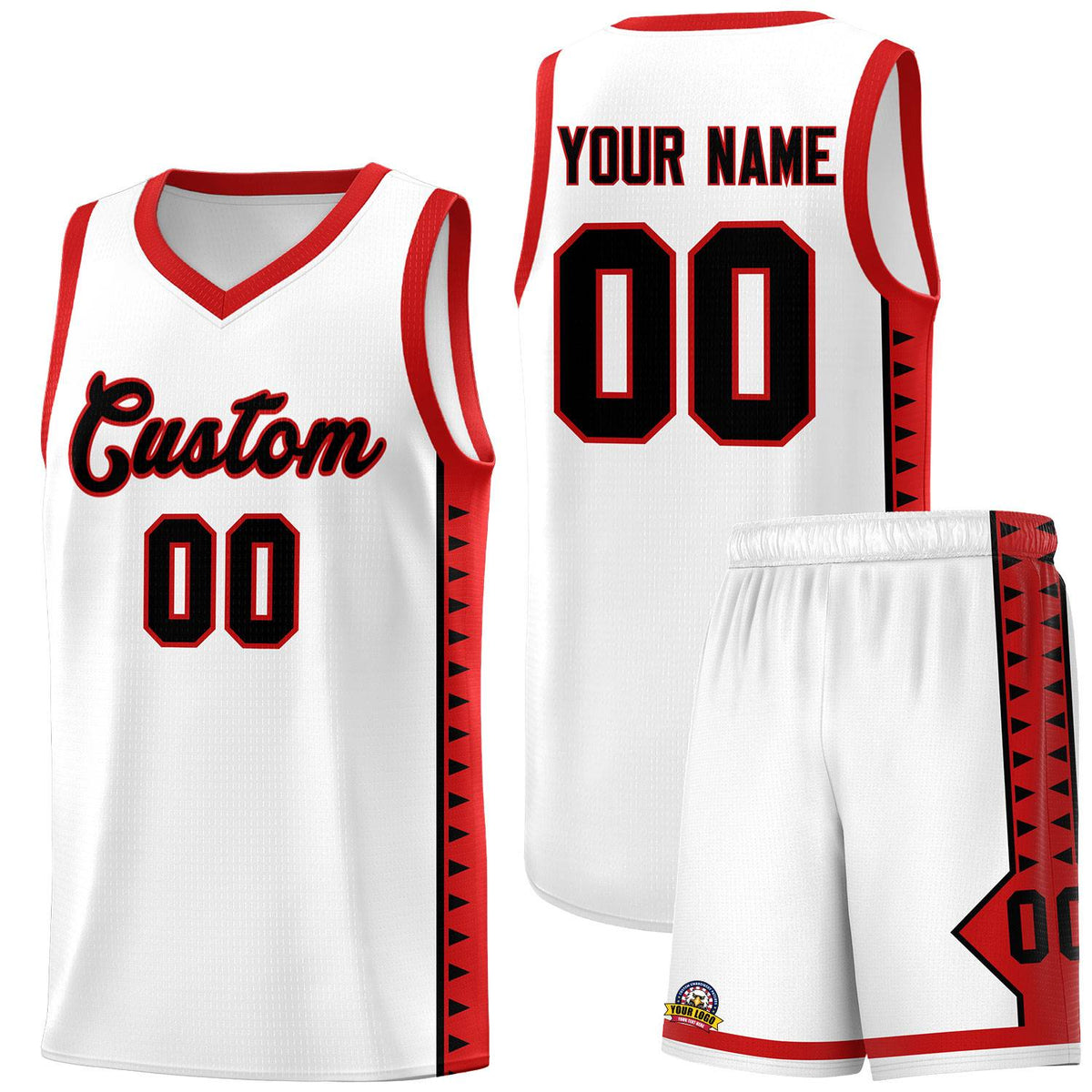 Custom White Red Basketball Kits With Side Zigzag Pattern