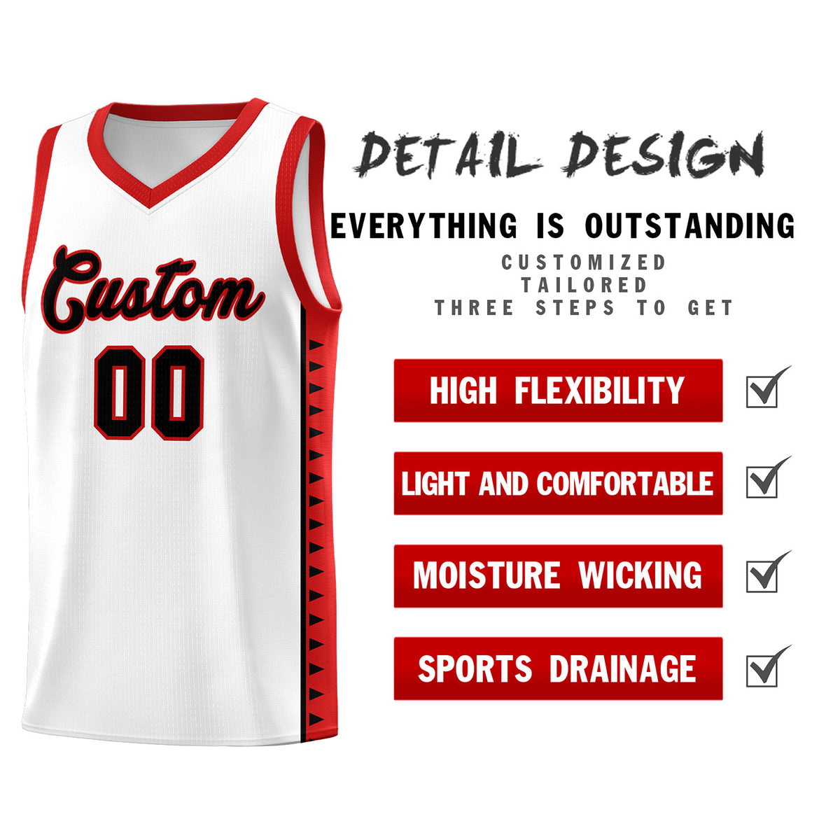 Custom White Red Basketball Kits With Side Zigzag Pattern