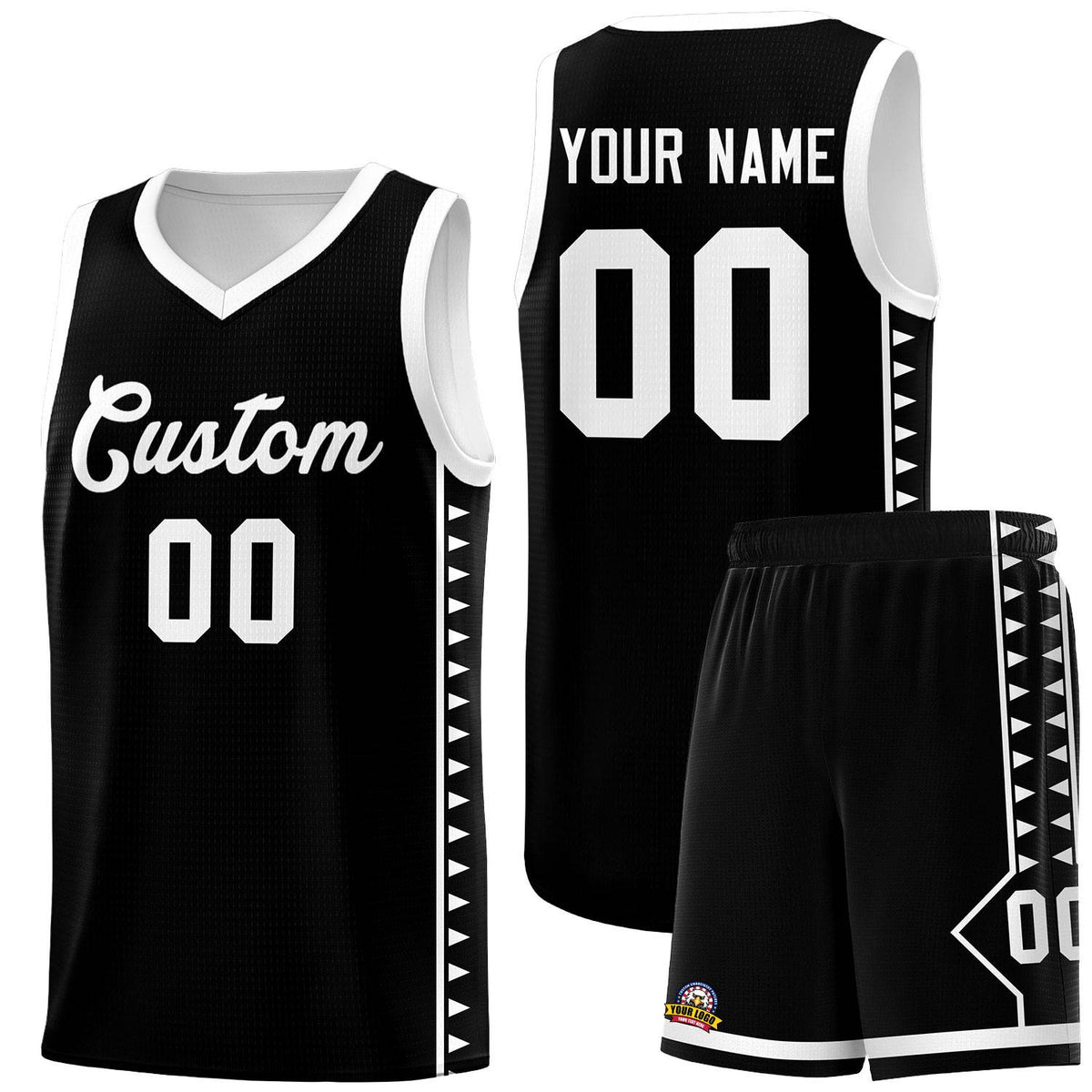 Custom Black White Basketball Kits With Side Zigzag Pattern