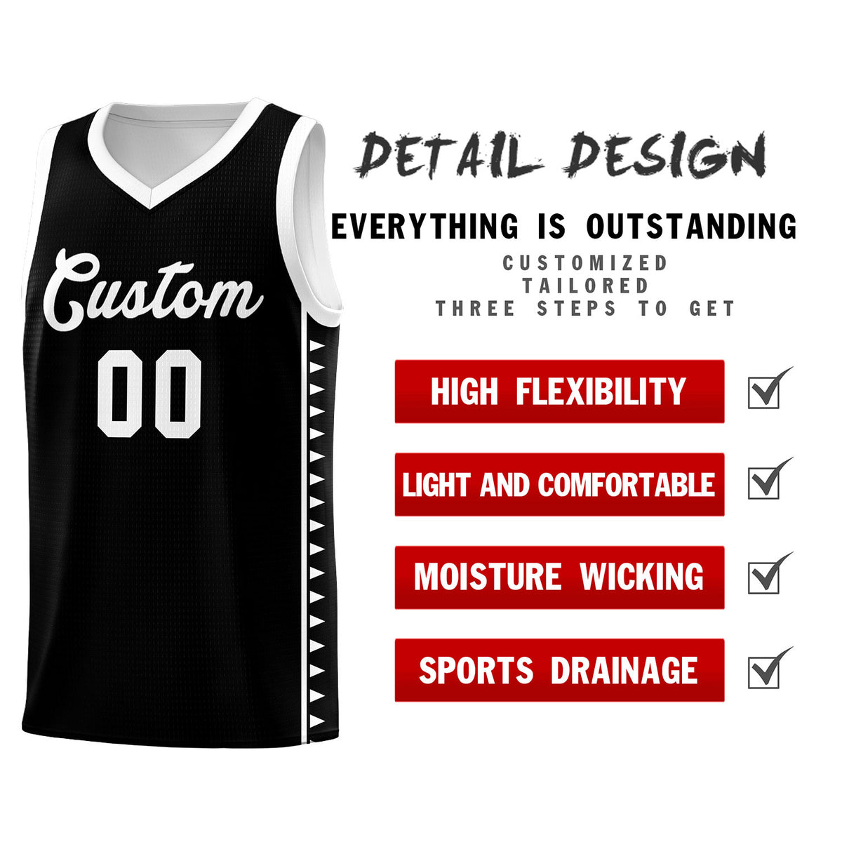 Custom Black White Basketball Kits With Side Zigzag Pattern