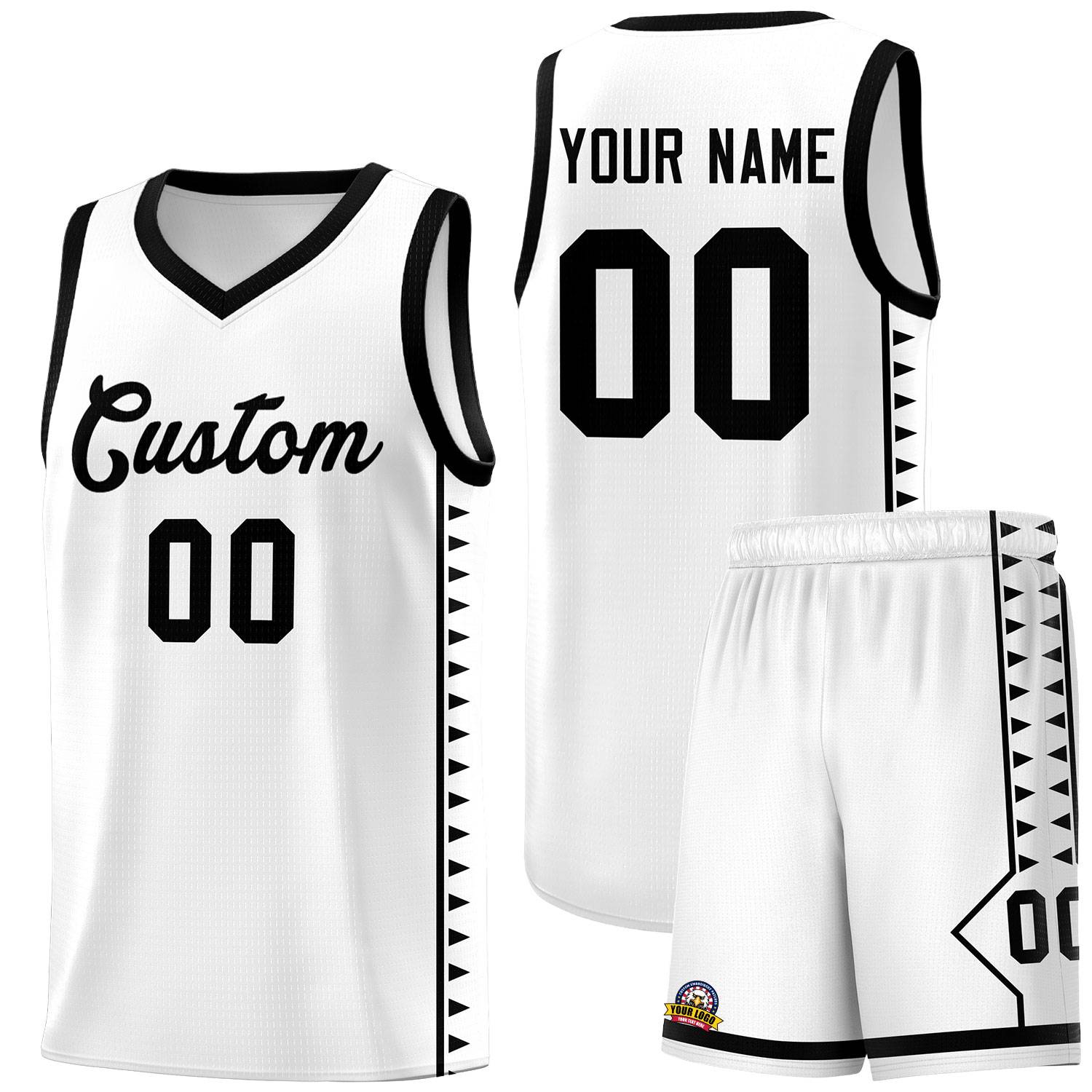 Custom White Black Basketball Kits With Side Zigzag Pattern