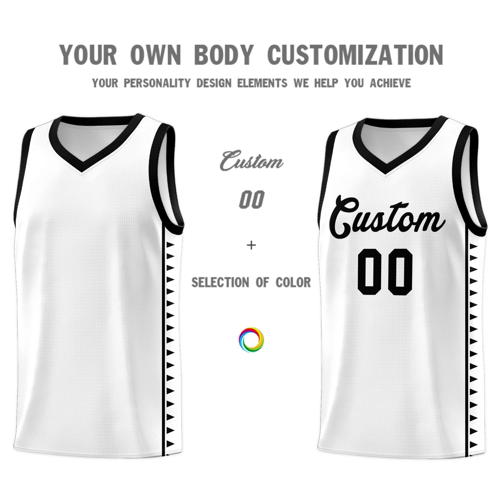 Custom White Black Basketball Kits With Side Zigzag Pattern