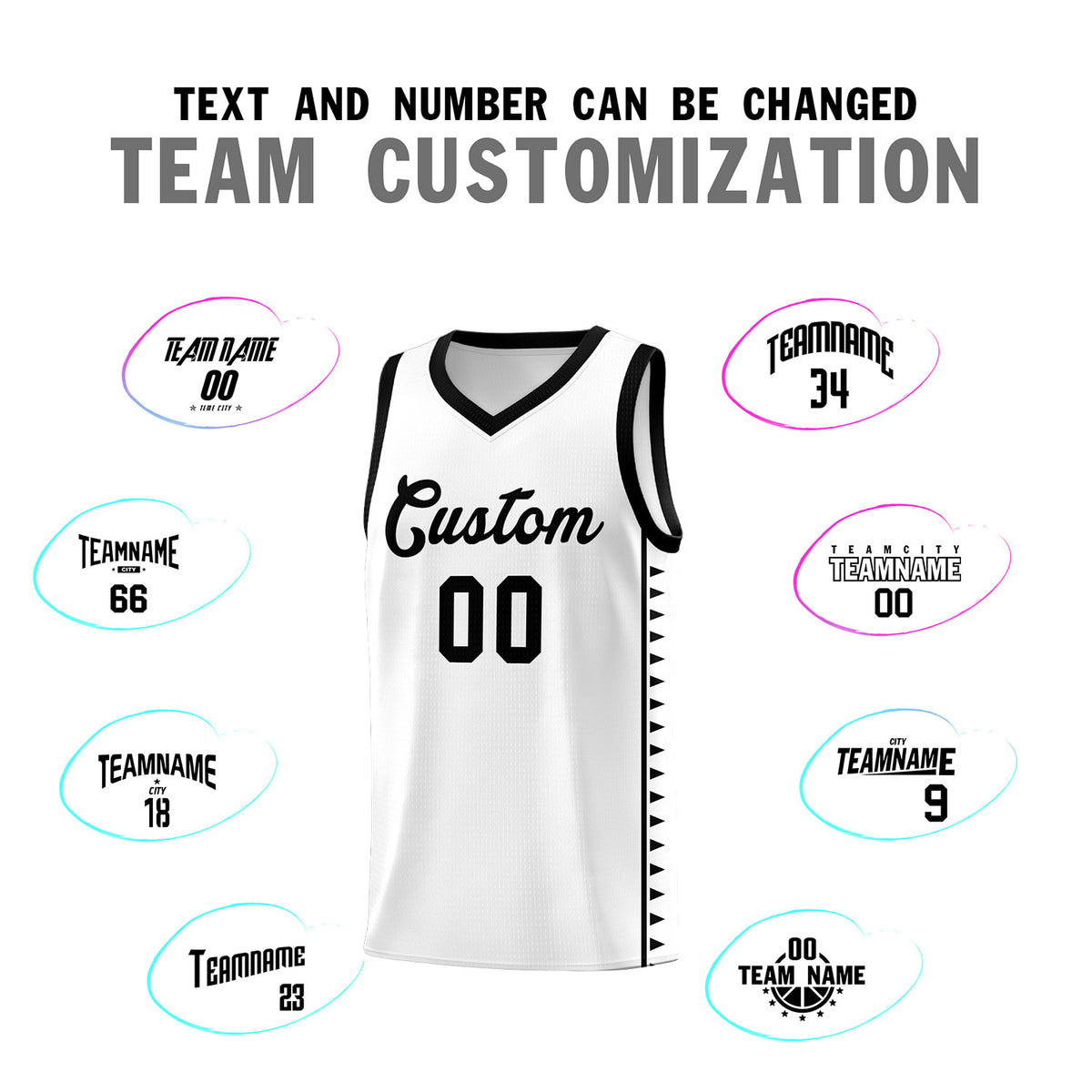 Custom White Black Basketball Kits With Side Zigzag Pattern