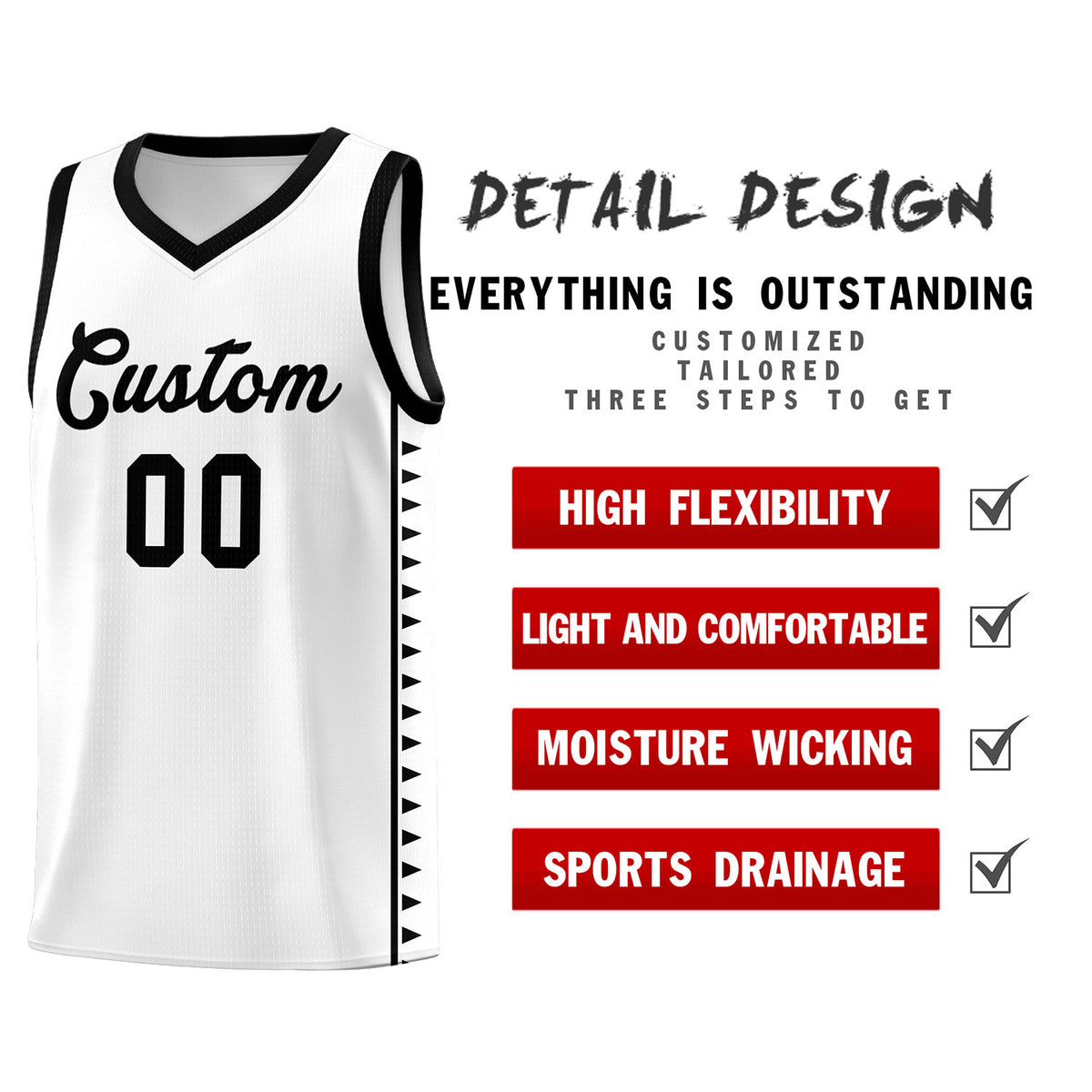 Custom White Black Basketball Kits With Side Zigzag Pattern