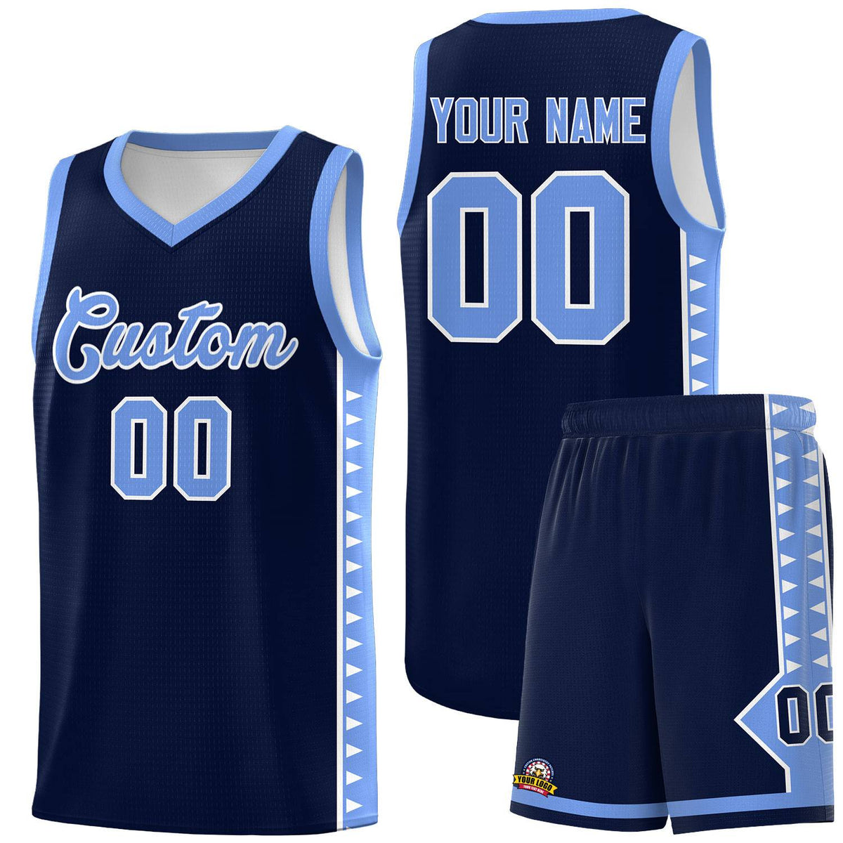 Custom Navy Light Blue Basketball Kits With Side Zigzag Pattern