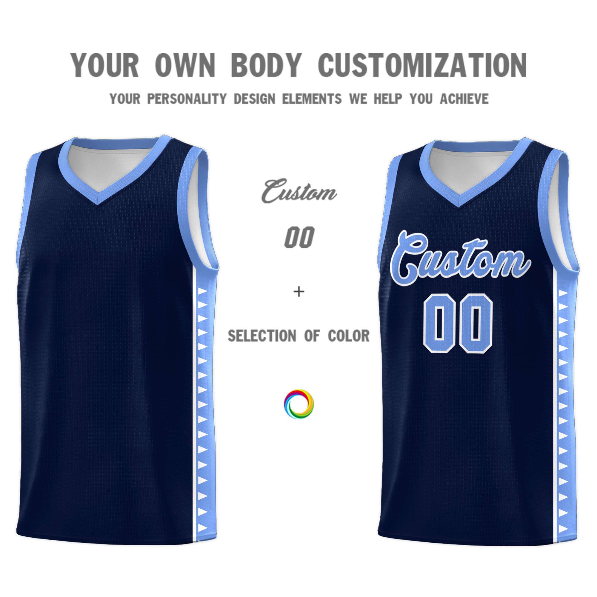 Custom Navy Light Blue Basketball Kits With Side Zigzag Pattern