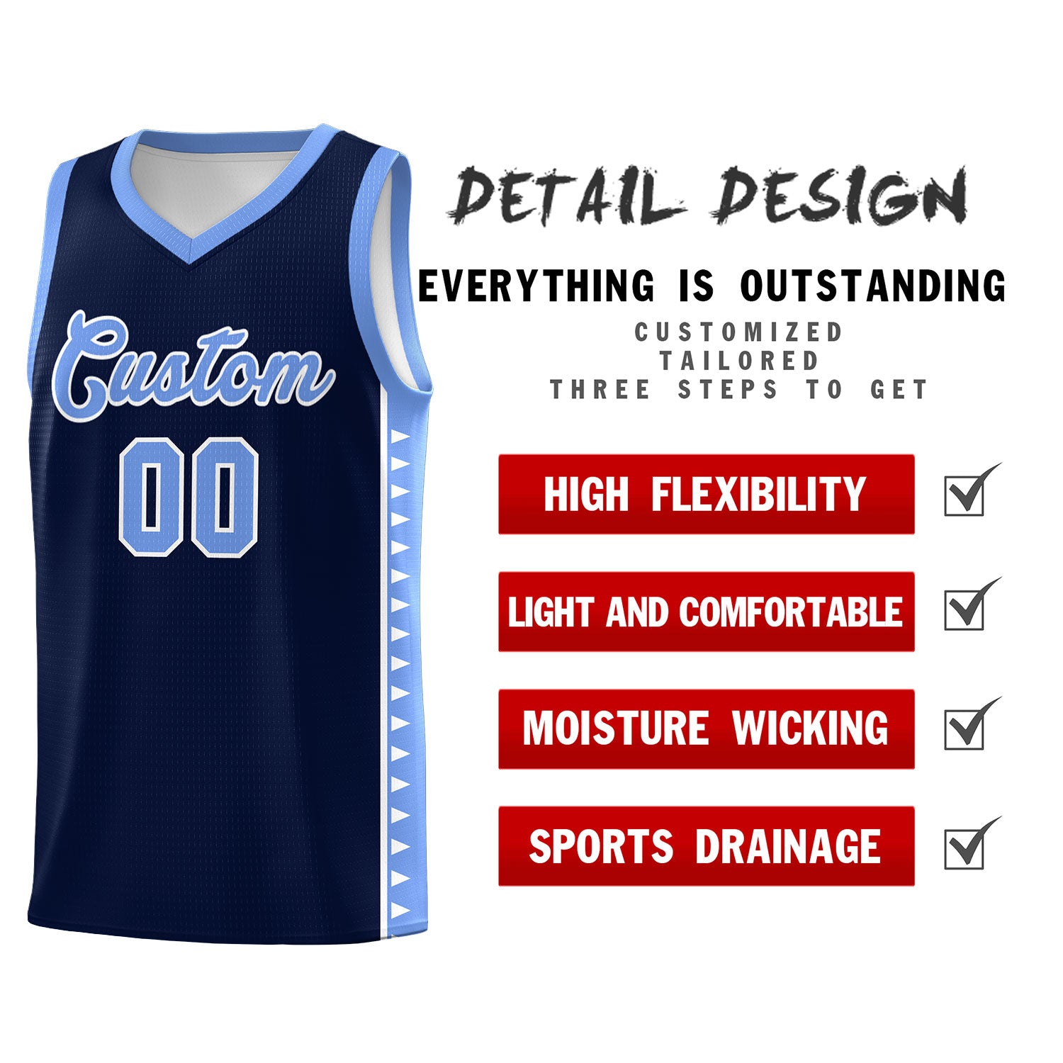 Custom Navy Light Blue Basketball Kits With Side Zigzag Pattern
