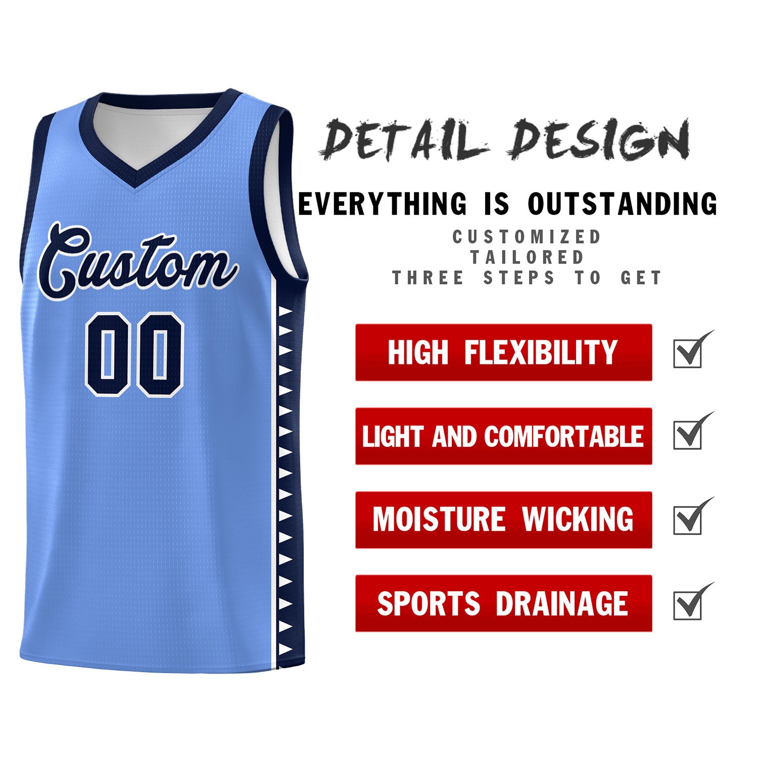 Custom Light Blue Navy Basketball Kits With Side Zigzag Pattern