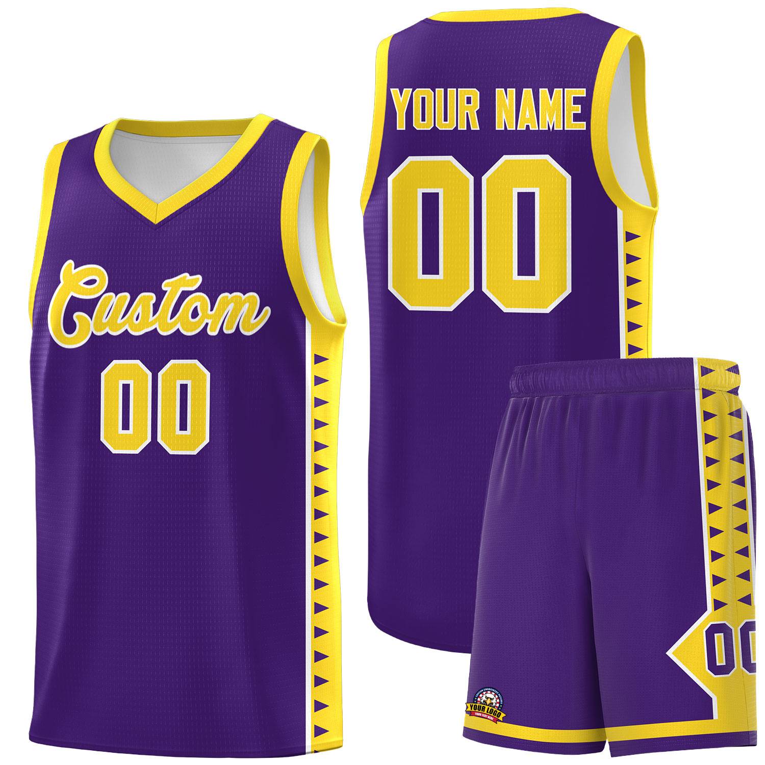 Custom Purple Gold Basketball Kits With Side Zigzag Pattern