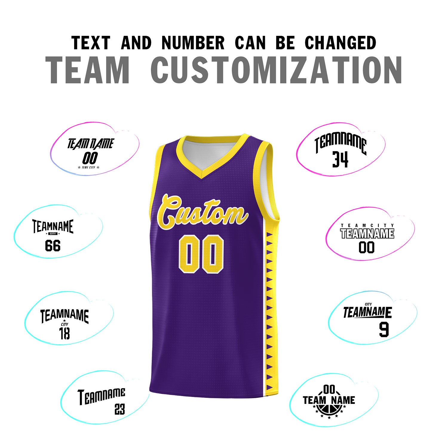 Custom Purple Gold Basketball Kits With Side Zigzag Pattern