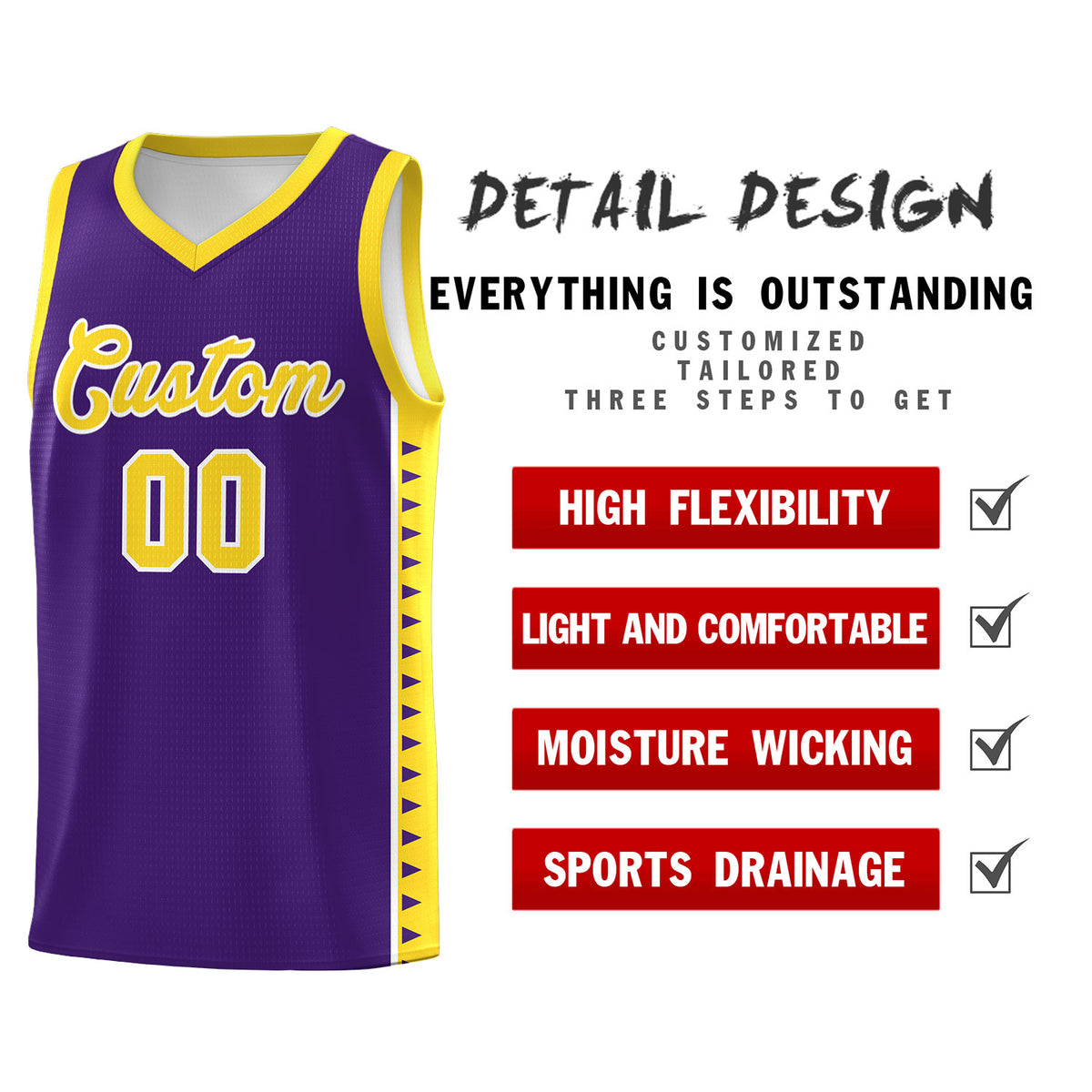 Custom Purple Gold Basketball Kits With Side Zigzag Pattern