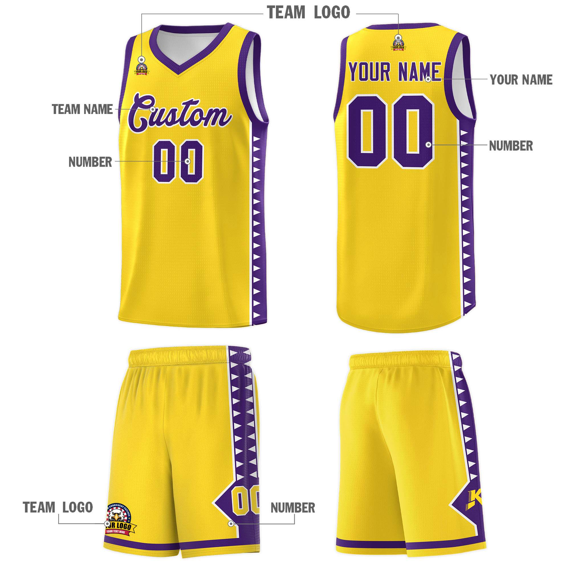 Custom Gold Purple Basketball Kits With Side Zigzag Pattern