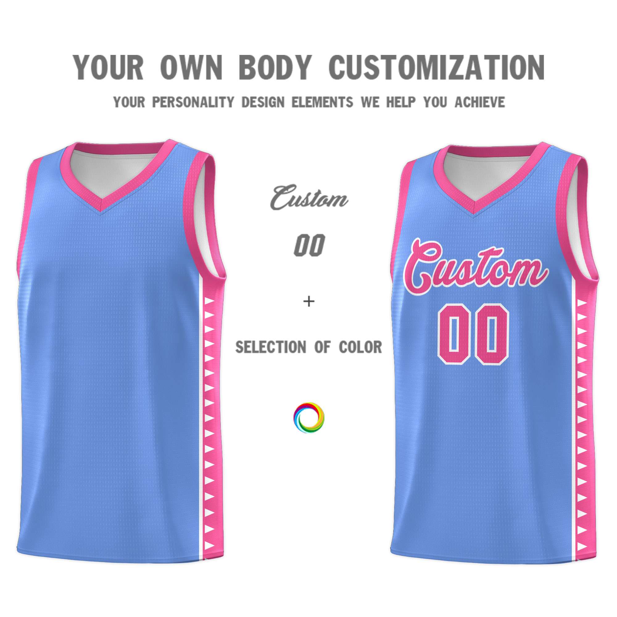 Custom Light Blue Pink Basketball Kits With Side Zigzag Pattern