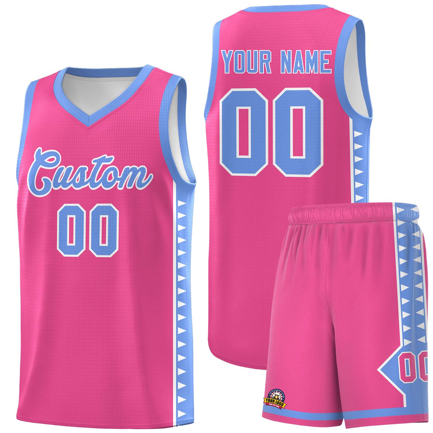 Custom Pink Light Blue Basketball Kits With Side Zigzag Pattern