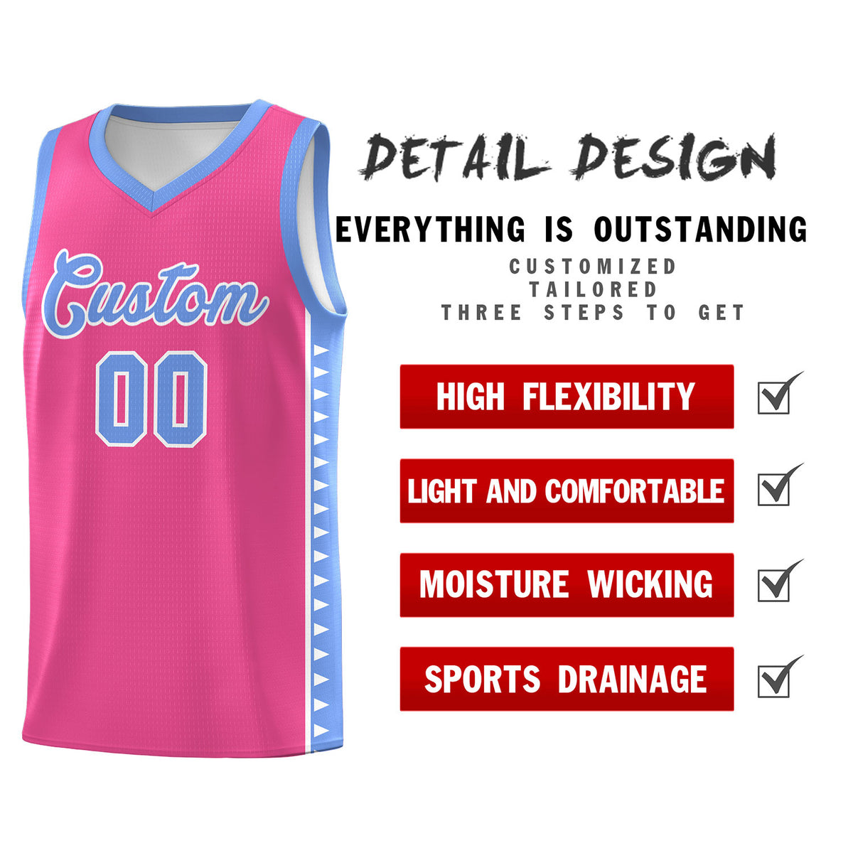 Custom Pink Light Blue Basketball Kits With Side Zigzag Pattern