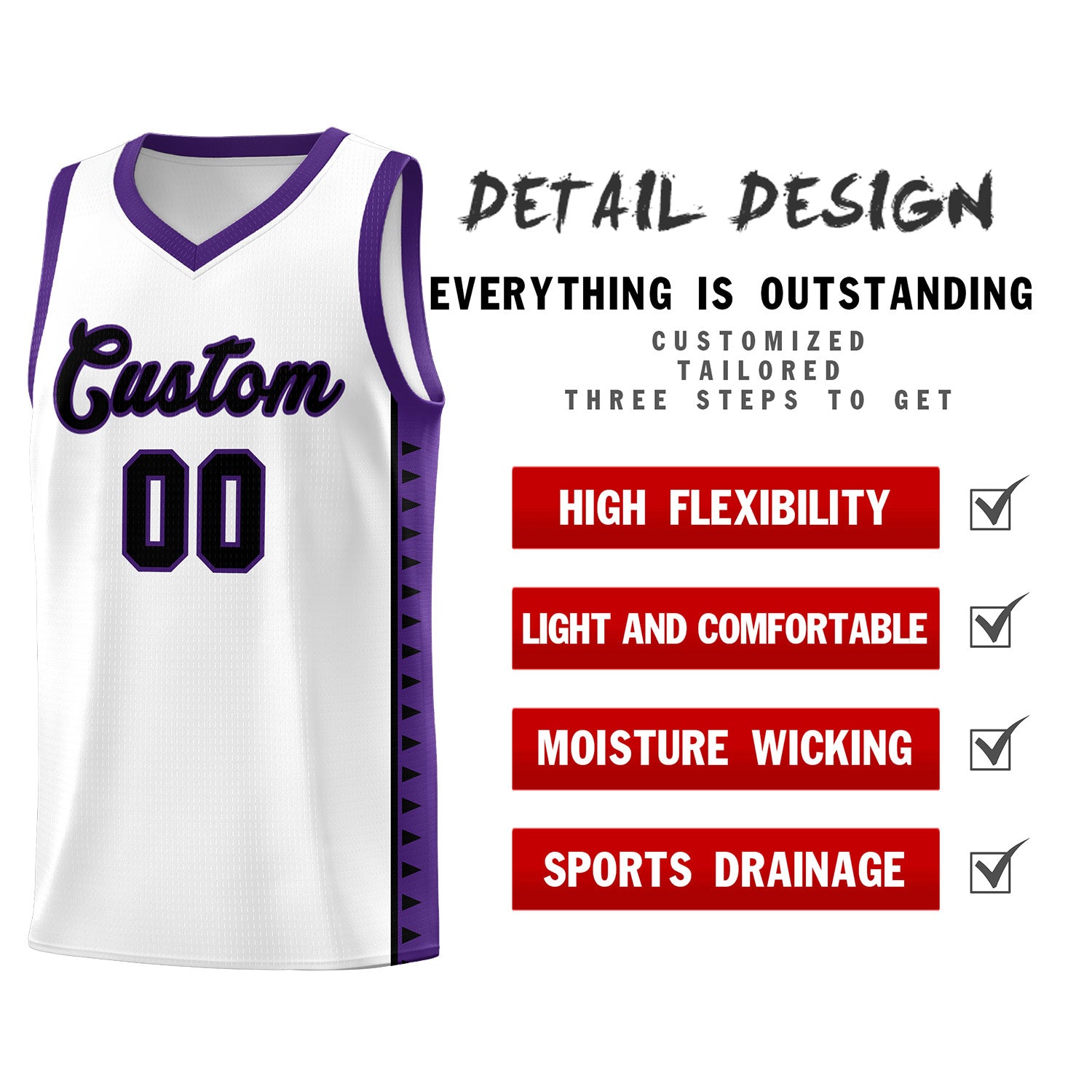Custom White Purple Basketball Kits With Side Zigzag Pattern