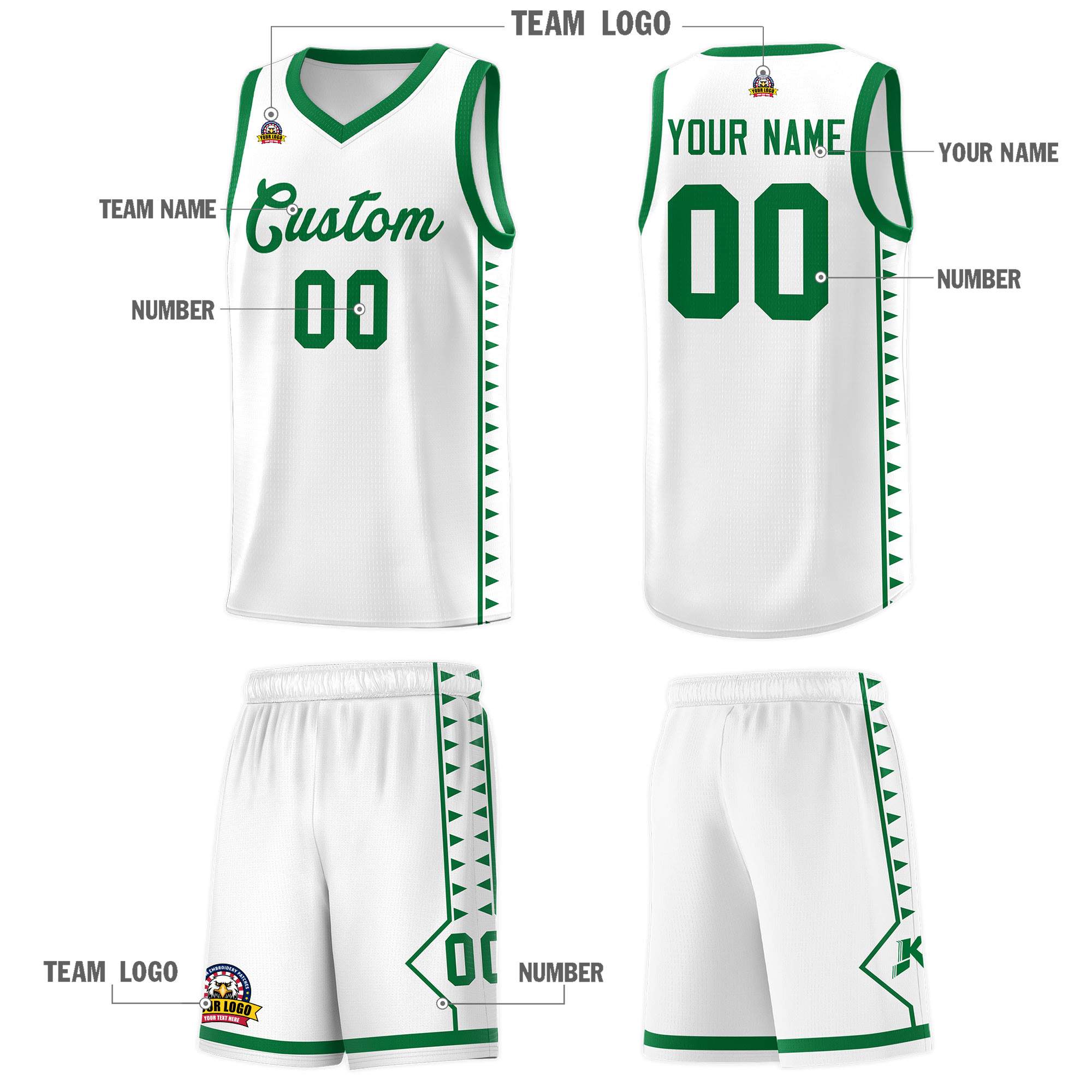 Custom White Kelly Green Basketball Kits With Side Zigzag Pattern