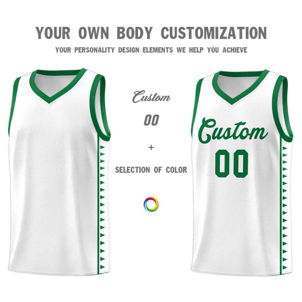 Custom White Kelly Green Basketball Kits With Side Zigzag Pattern