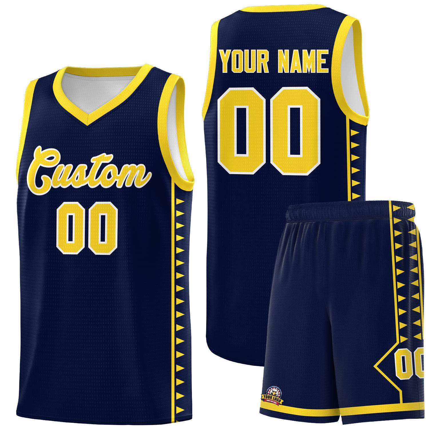 Custom Navy Gold Basketball Kits With Side Zigzag Pattern