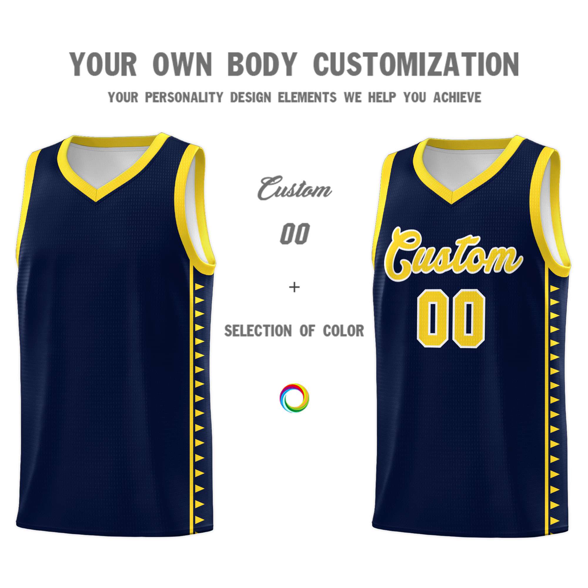 Custom Navy Gold Basketball Kits With Side Zigzag Pattern
