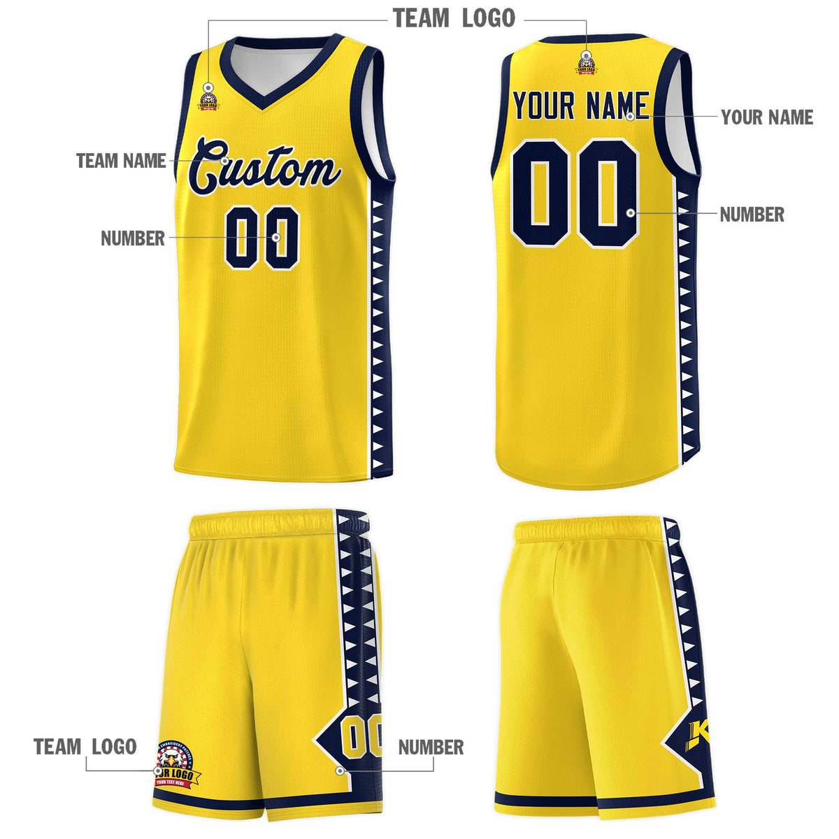 Custom Gold Navy Basketball Kits With Side Zigzag Pattern