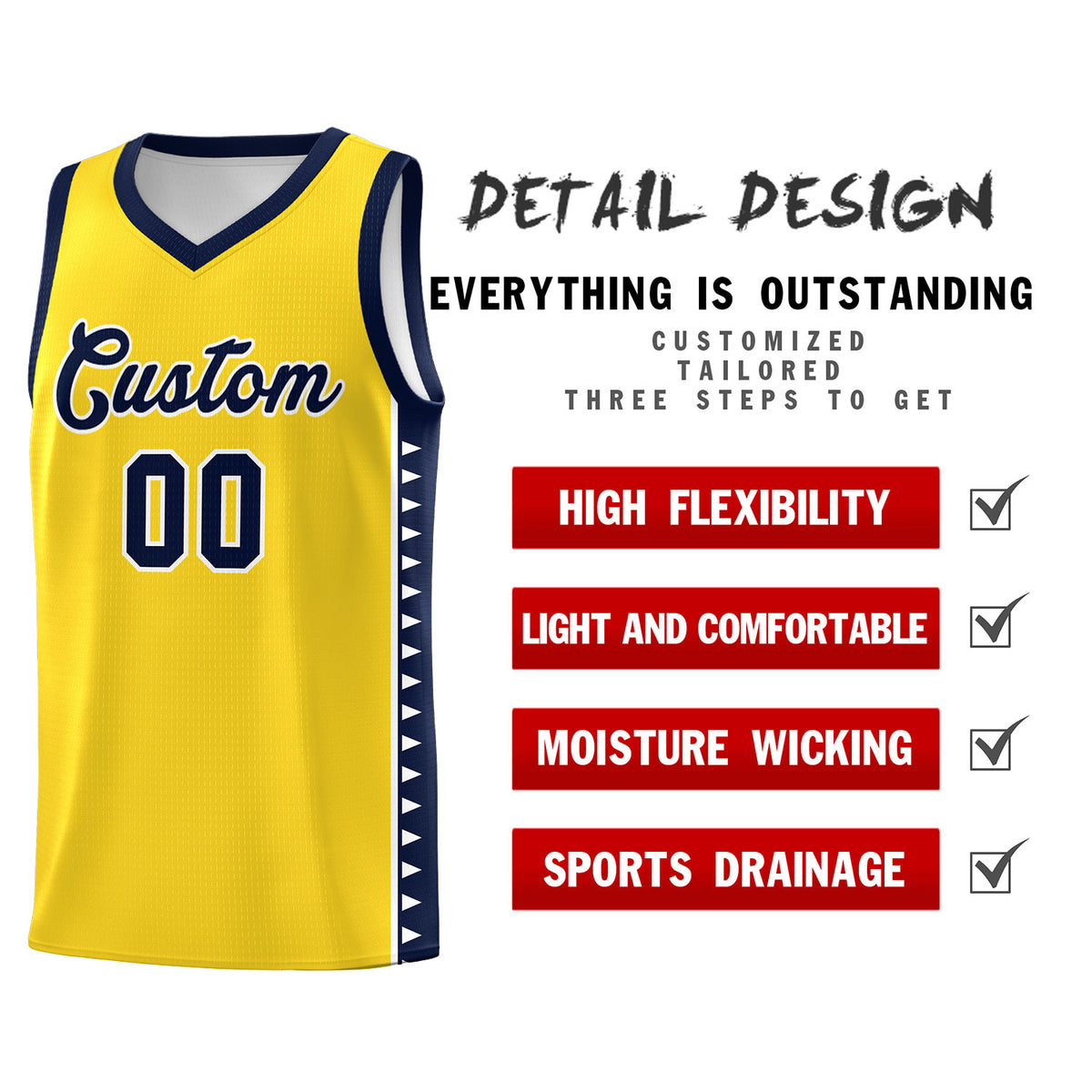 Custom Gold Navy Basketball Kits With Side Zigzag Pattern