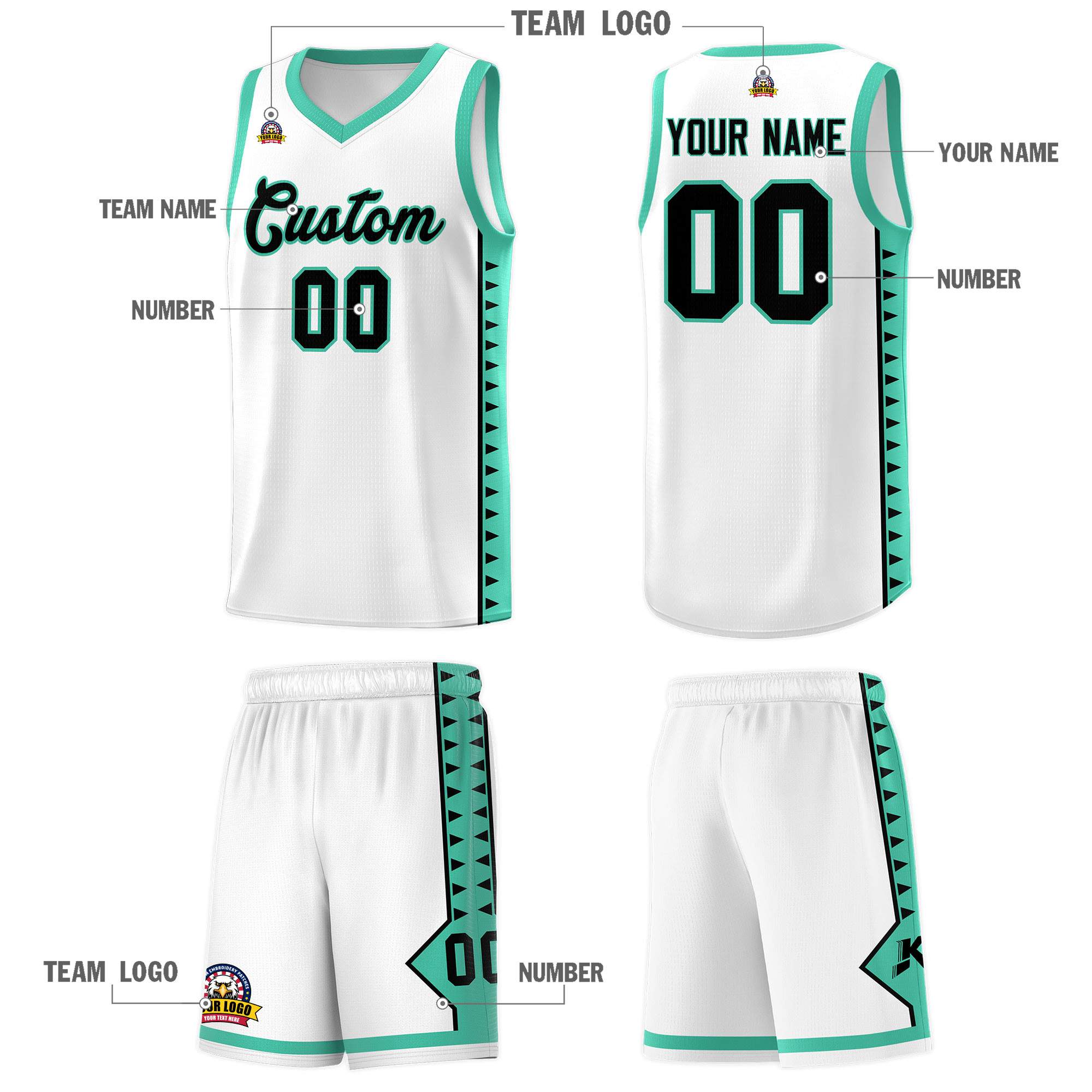Custom White Bright Green Basketball Kits With Side Zigzag Pattern