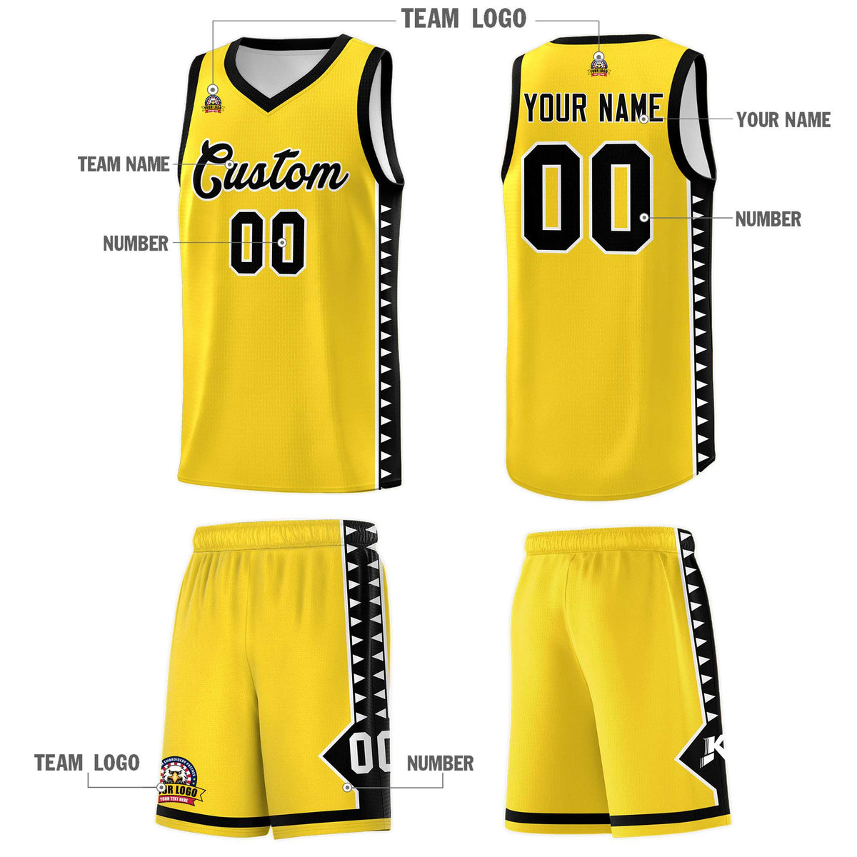 Custom Gold Black Basketball Kits With Side Zigzag Pattern