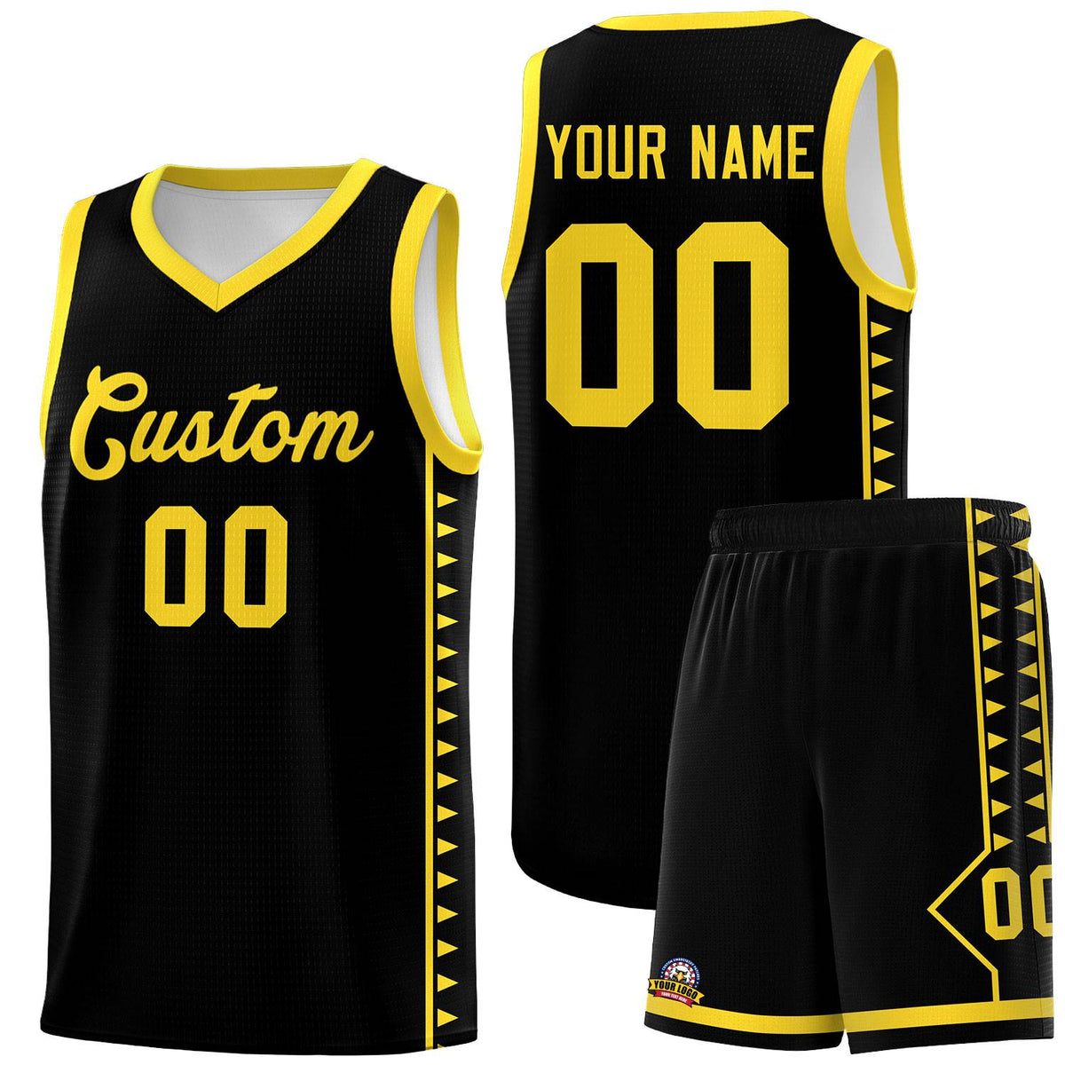 Custom Black Gold Basketball Kits With Side Zigzag Pattern