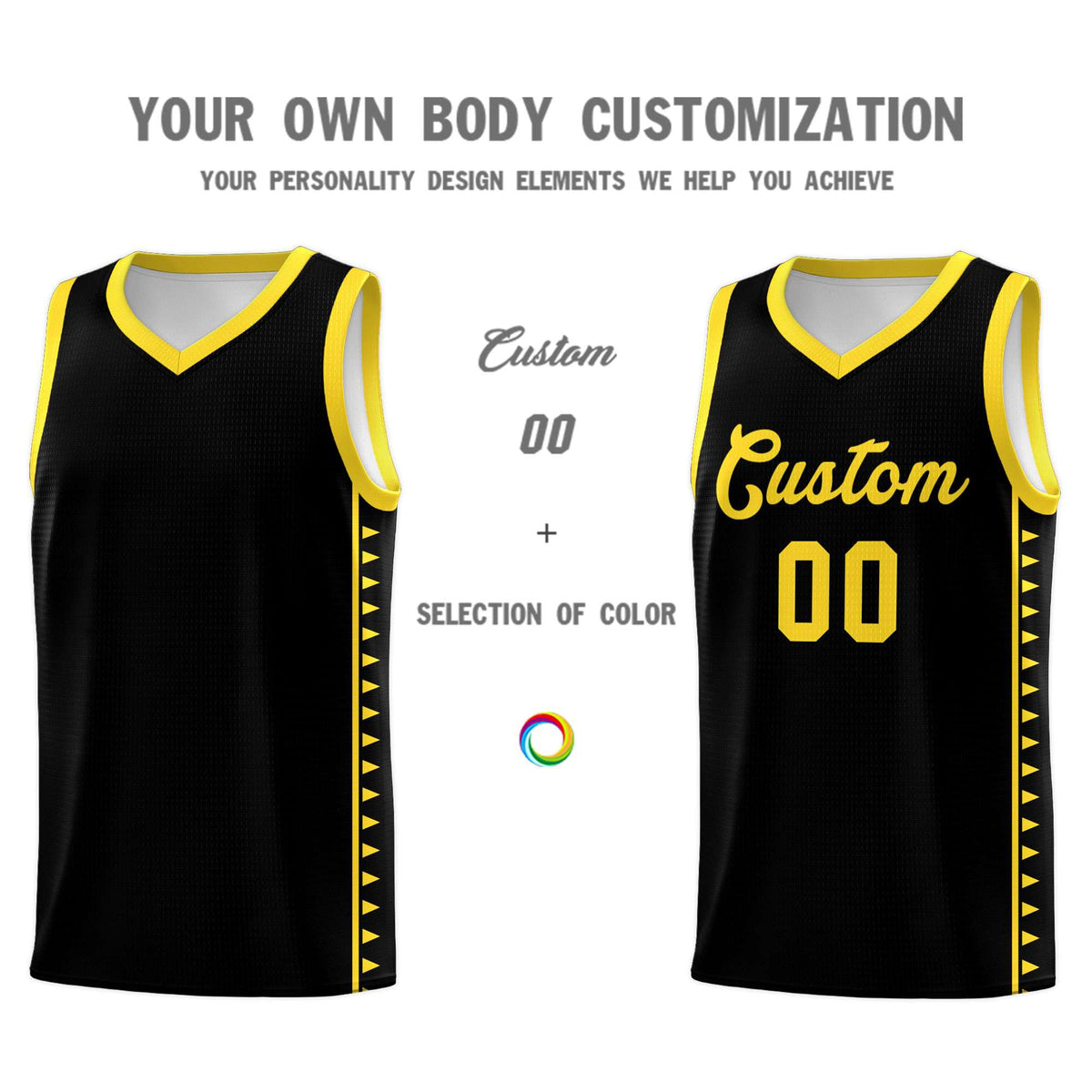 Custom Black Gold Basketball Kits With Side Zigzag Pattern