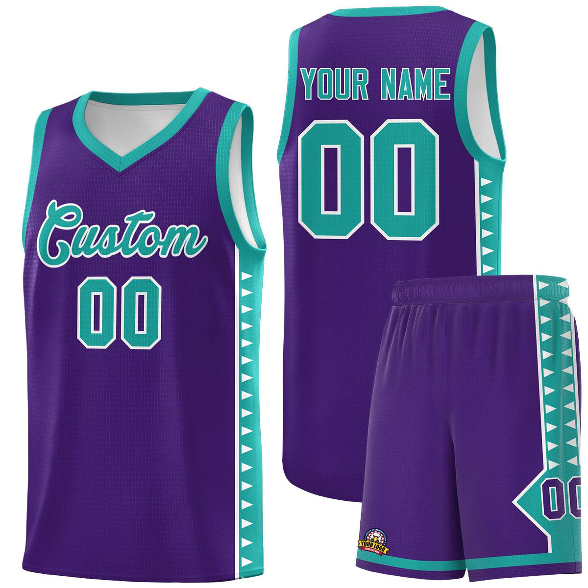 Custom Purple Aqua Basketball Kits With Side Zigzag Pattern