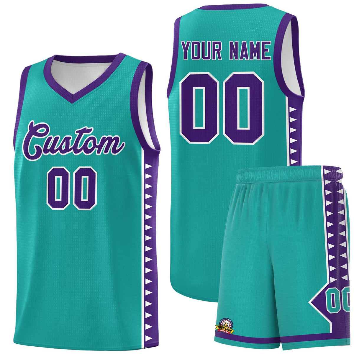 Custom Aqua Purple Basketball Kits With Side Zigzag Pattern