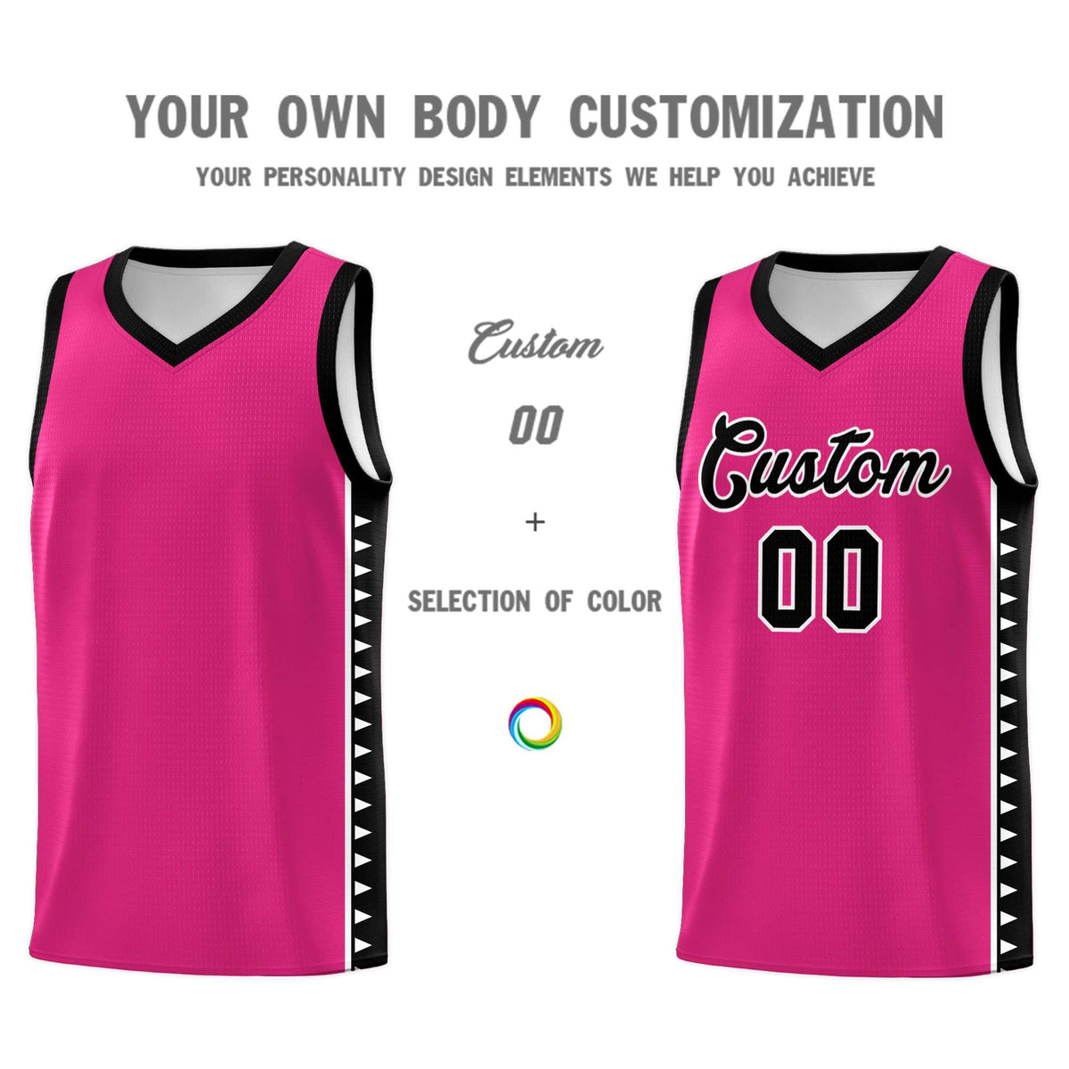 Custom Rose Red Black Basketball Kits With Side Zigzag Pattern