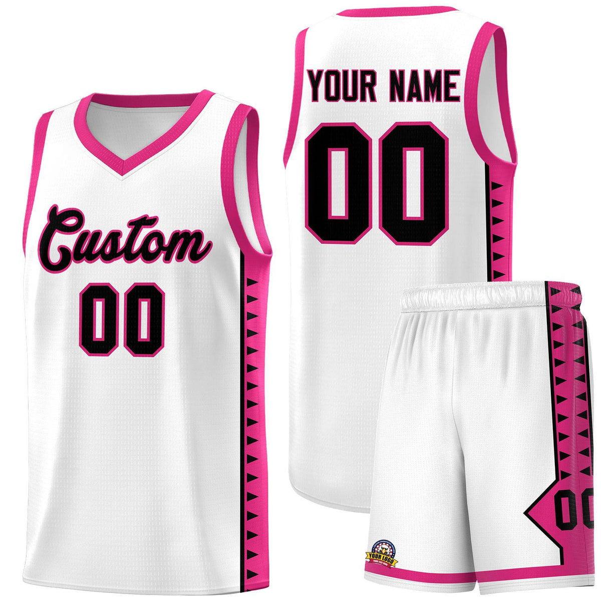Custom White Rose Red Basketball Kits With Side Zigzag Pattern