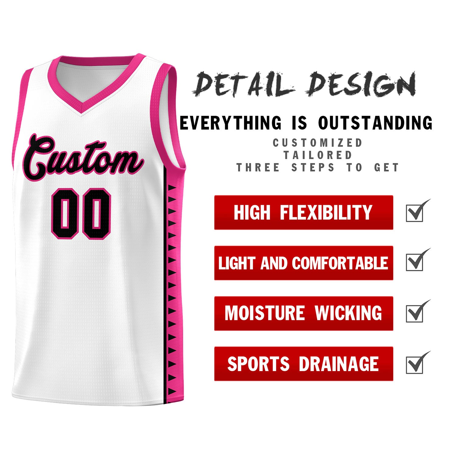 Custom White Rose Red Basketball Kits With Side Zigzag Pattern