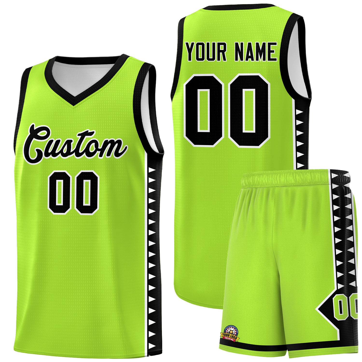 Custom Neon Green Black Basketball Kits With Side Zigzag Pattern