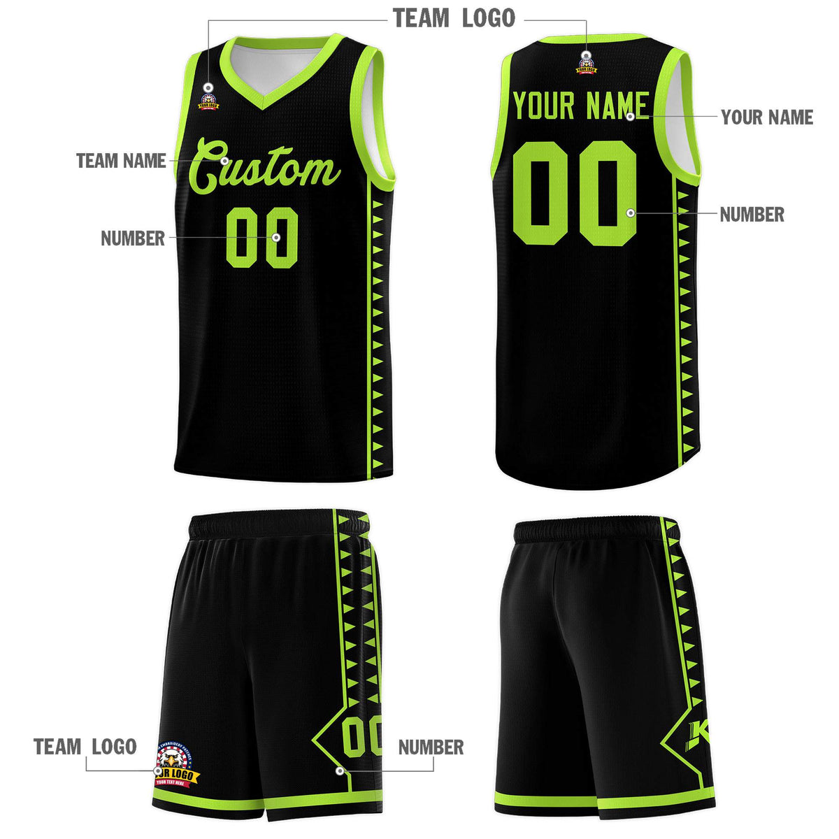 Custom Black Neon Green Basketball Kits With Side Zigzag Pattern
