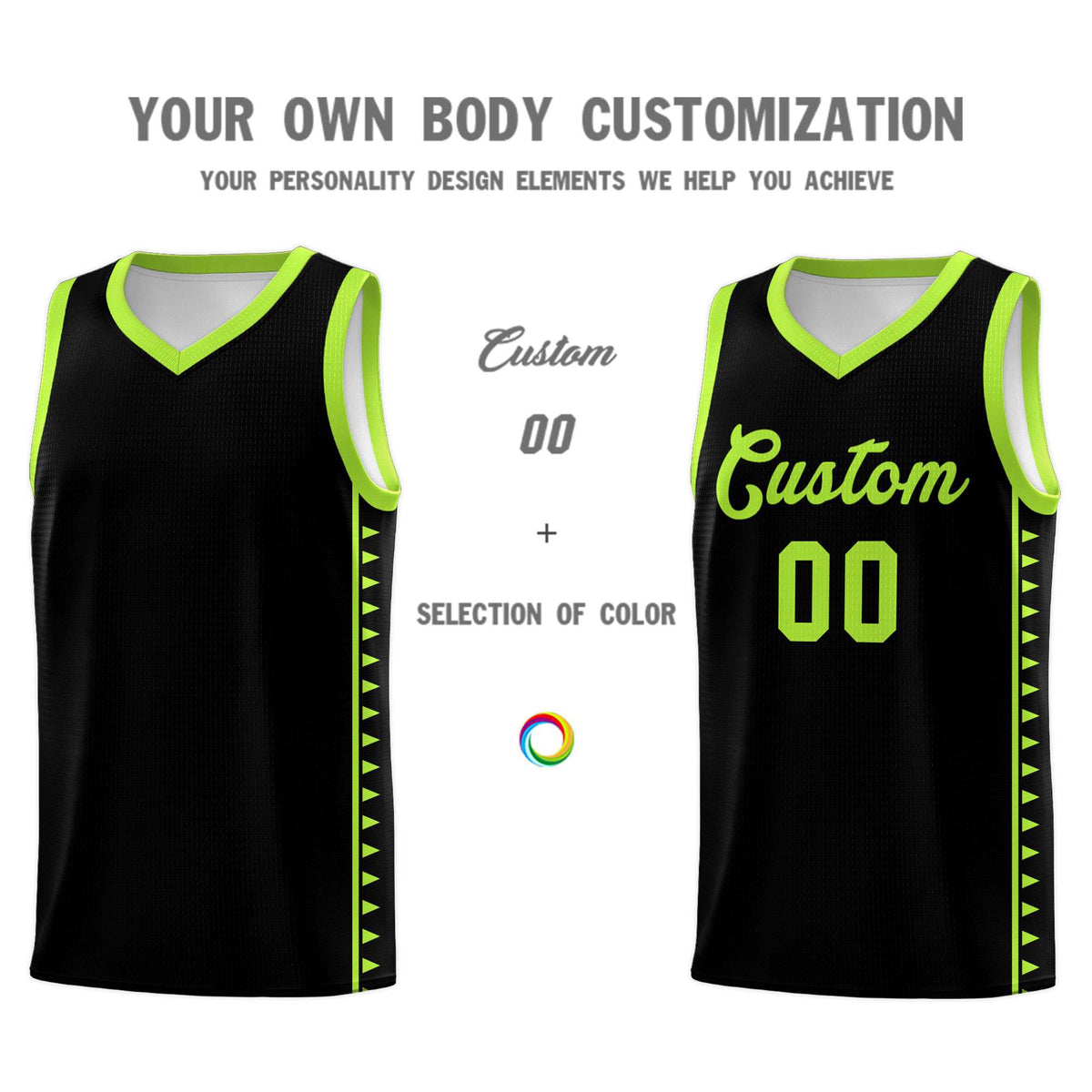 Custom Black Neon Green Basketball Kits With Side Zigzag Pattern