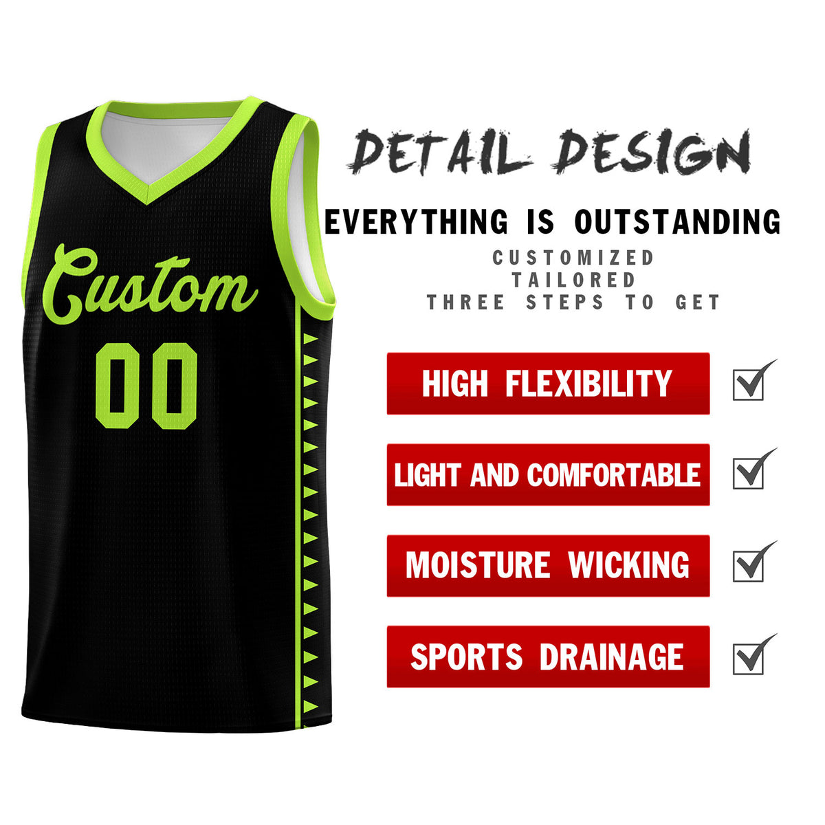 Custom Black Neon Green Basketball Kits With Side Zigzag Pattern