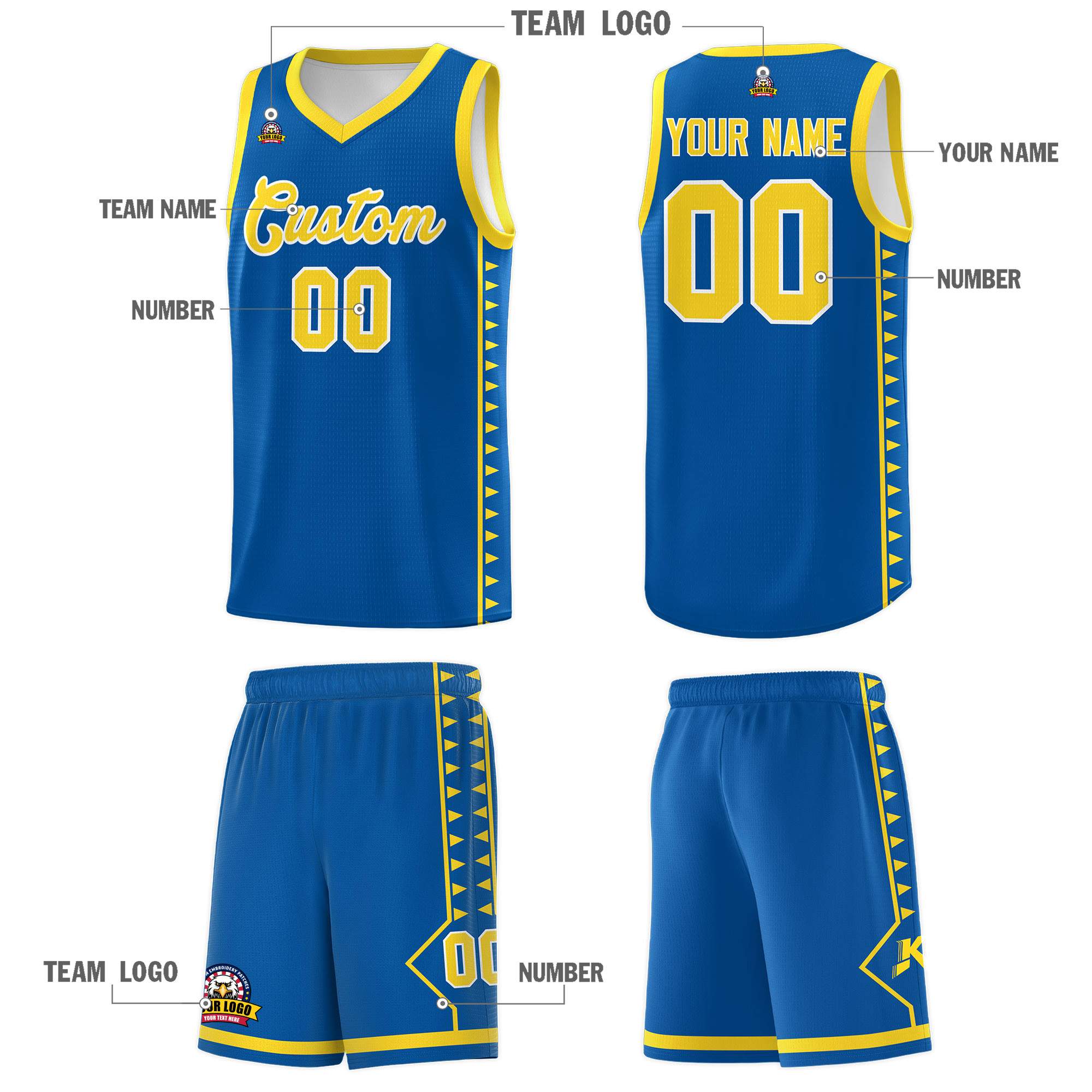 Custom Royal Gold Basketball Kits With Side Zigzag Pattern