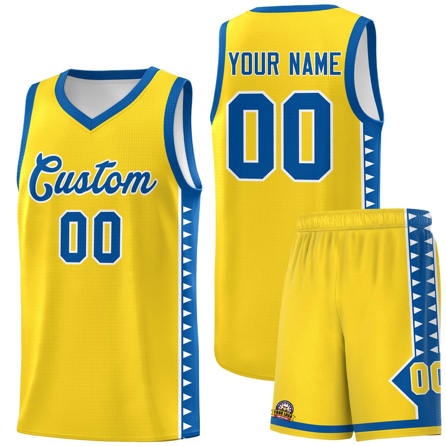Custom Gold Royal Basketball Kits With Side Zigzag Pattern