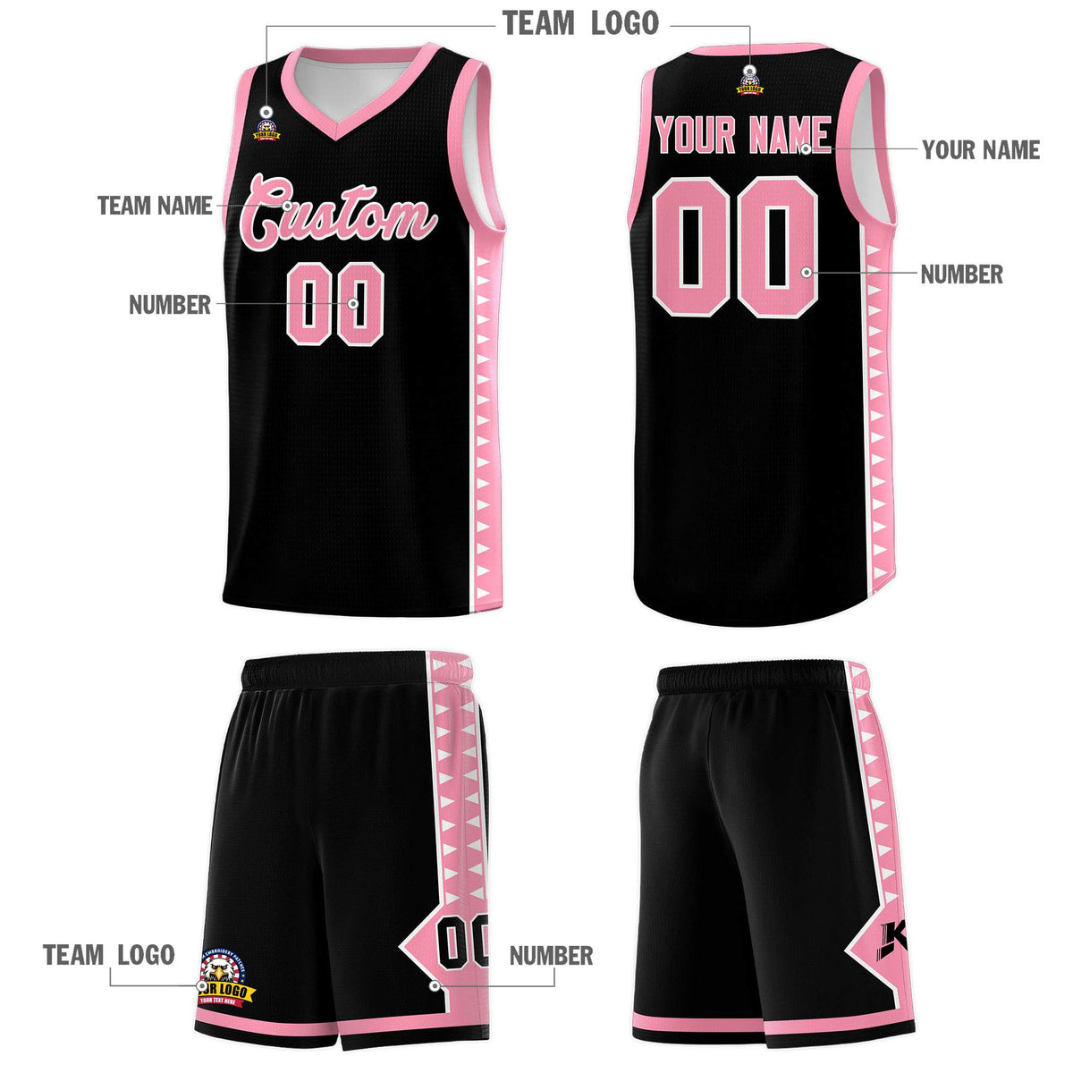 Custom Black Light Pink Basketball Kits With Side Zigzag Pattern