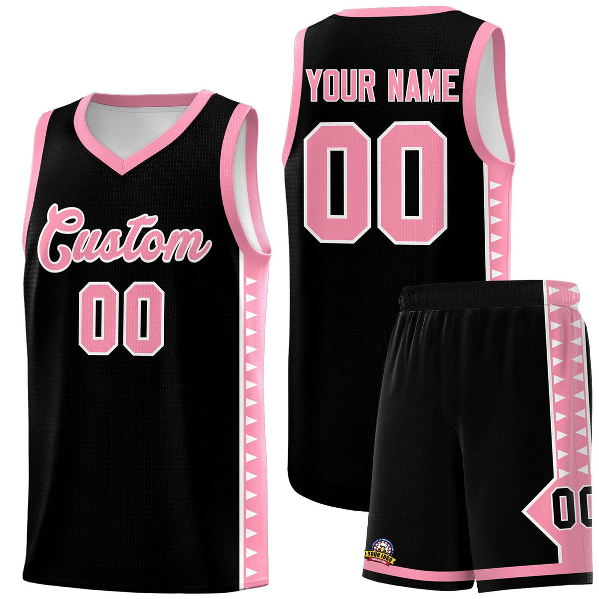 Custom Black Light Pink Basketball Kits With Side Zigzag Pattern