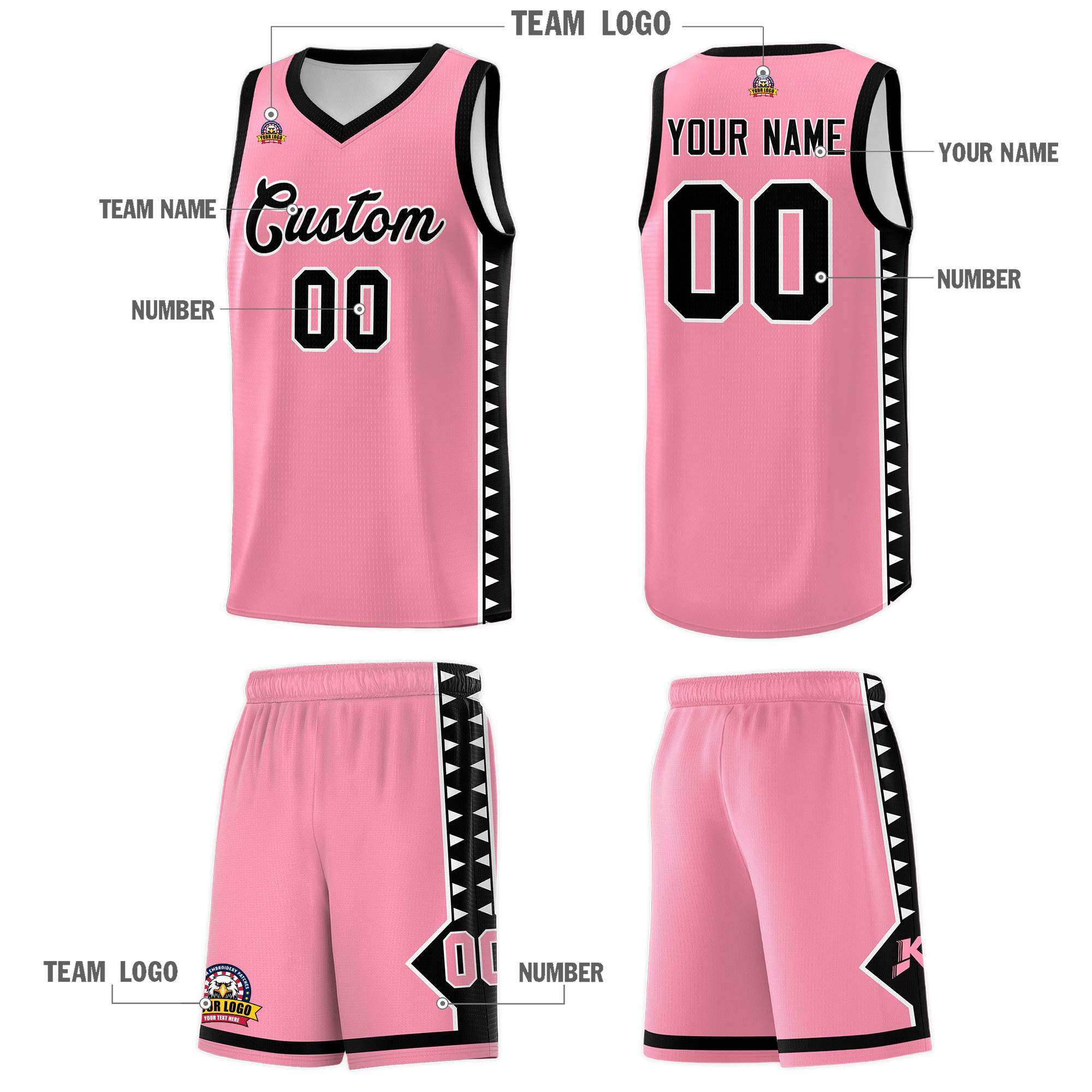 Custom Light Pink Black Basketball Kits With Side Zigzag Pattern