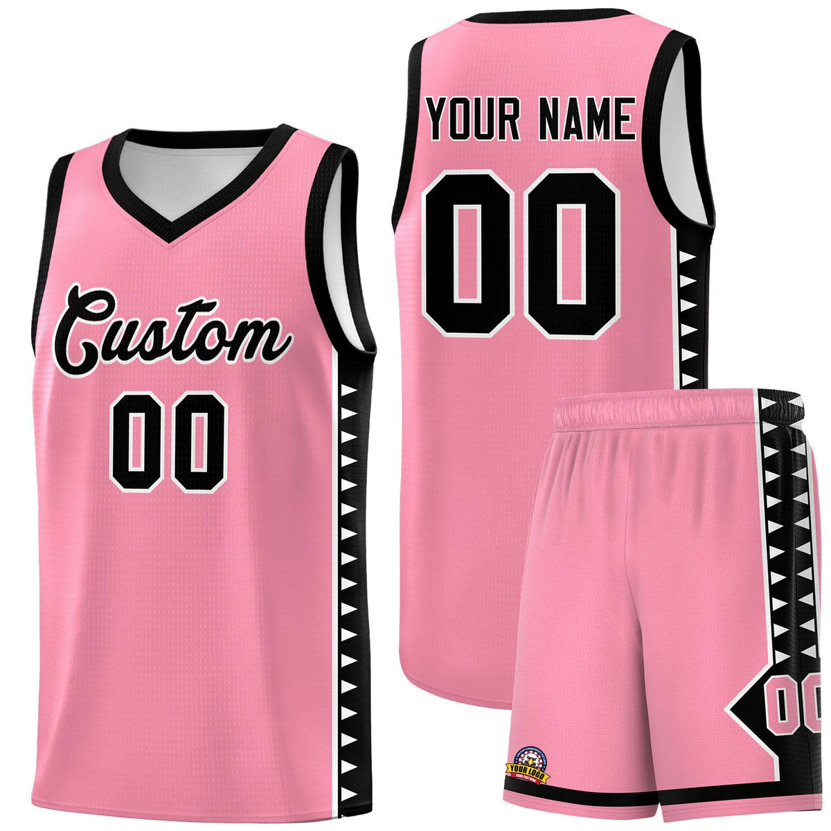Custom Light Pink Black Basketball Kits With Side Zigzag Pattern
