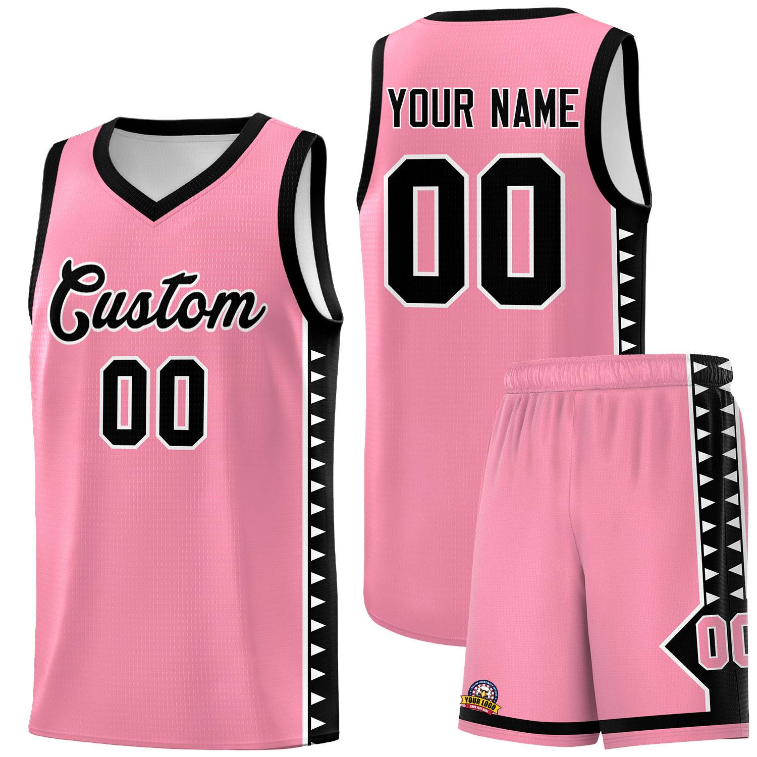 Custom Light Pink Black Basketball Kits With Side Zigzag Pattern