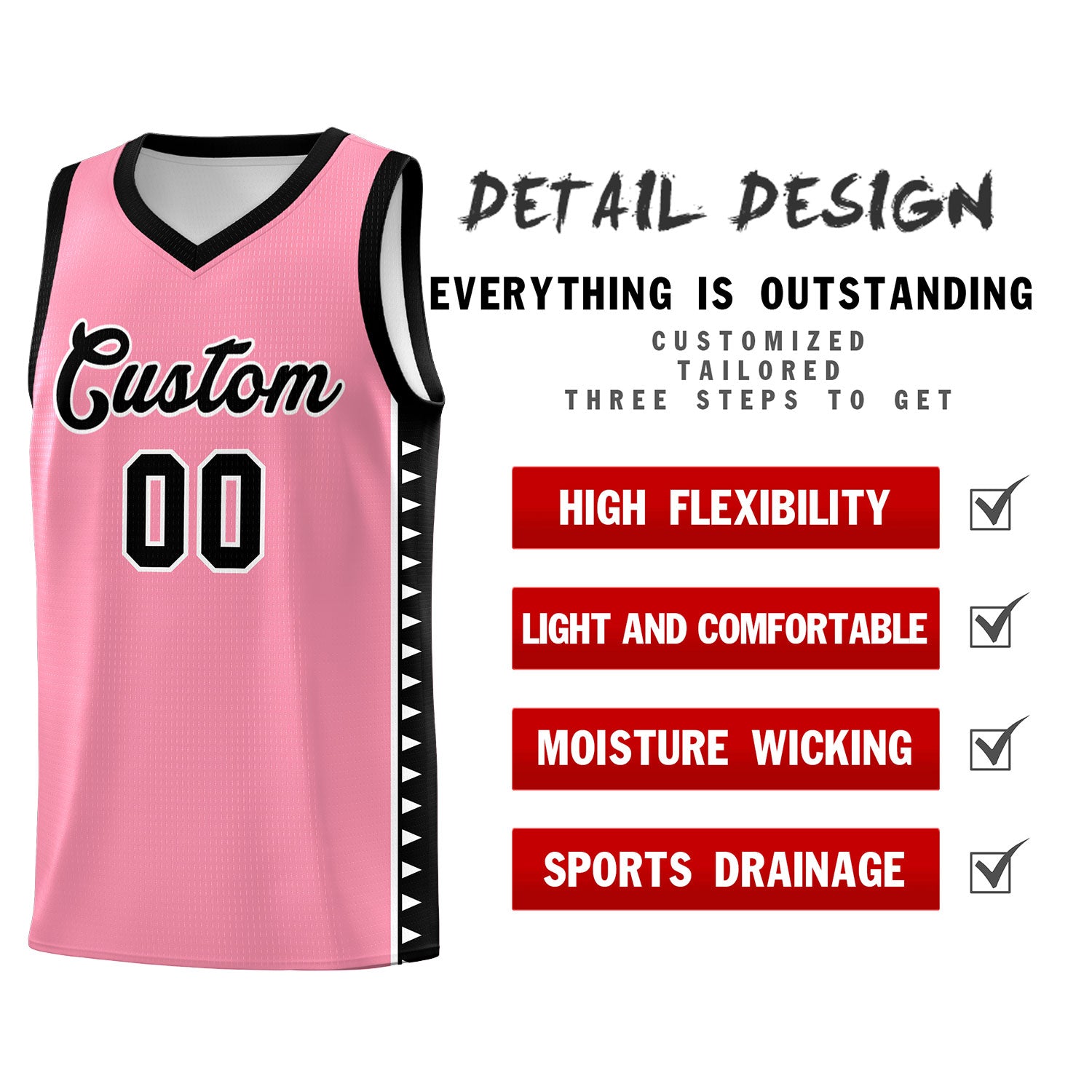 Custom Light Pink Black Basketball Kits With Side Zigzag Pattern