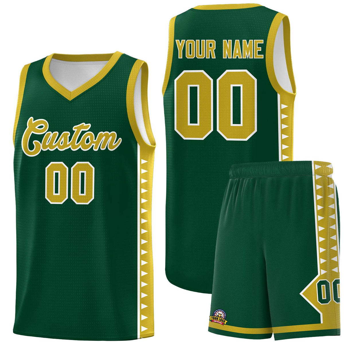 Custom Green Old Gold Basketball Kits With Side Zigzag Pattern